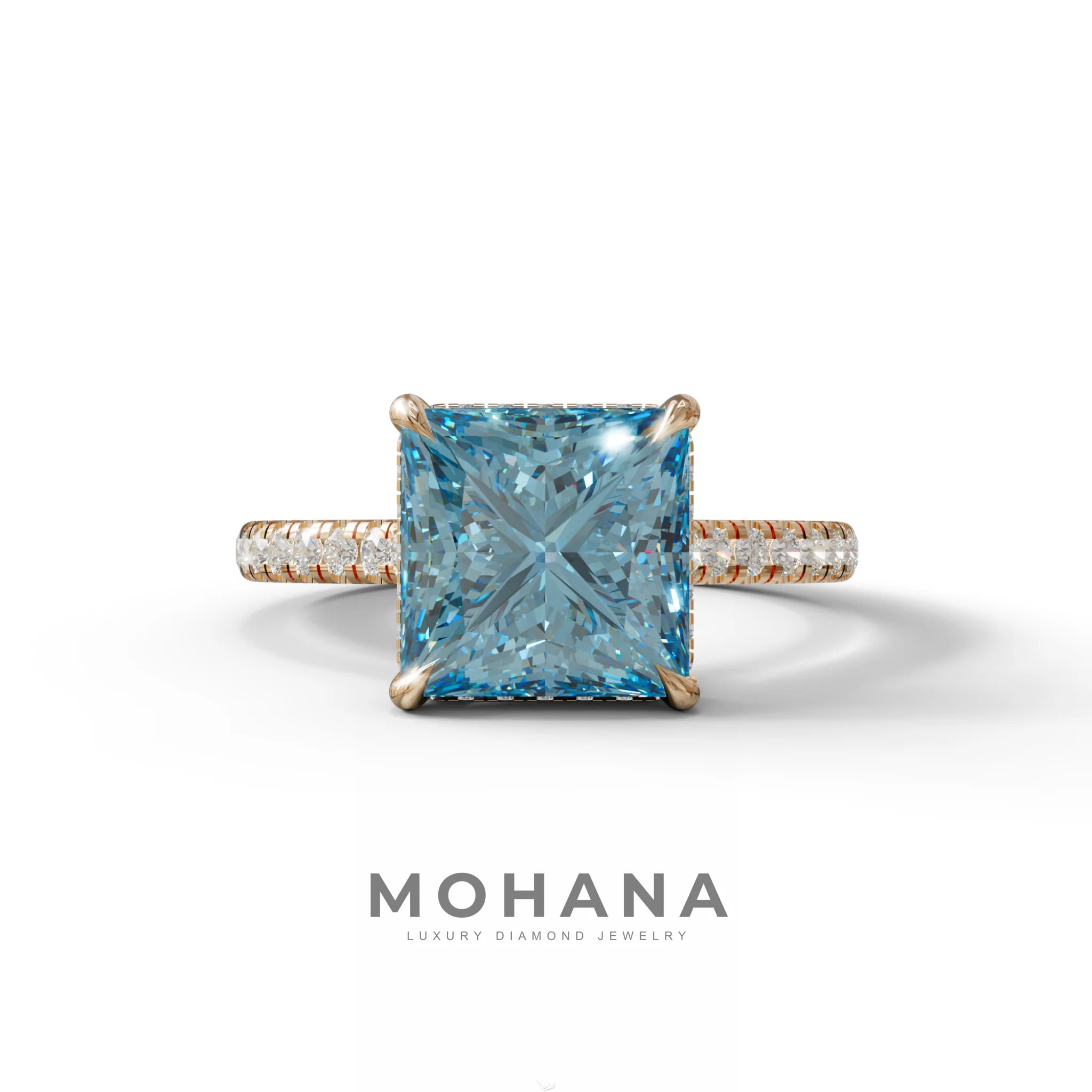 3 Carat Fancy Blue Princess Cut Hidden Halo Lab Grown Diamond Engagement Ring - 10K Solid Gold / Rose Gold