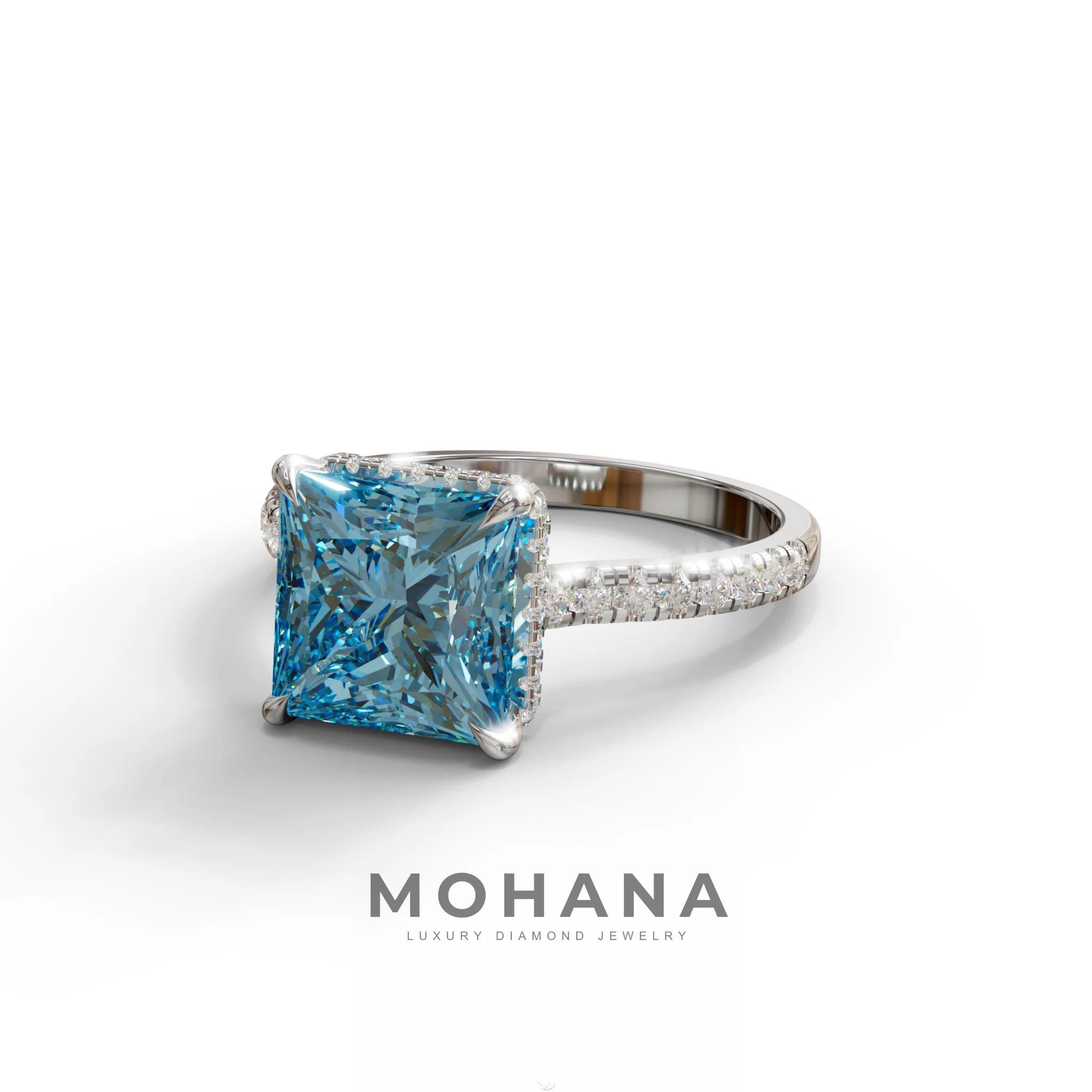 3 Carat Fancy Blue Princess Cut Hidden Halo Lab Grown Diamond Engagement Ring