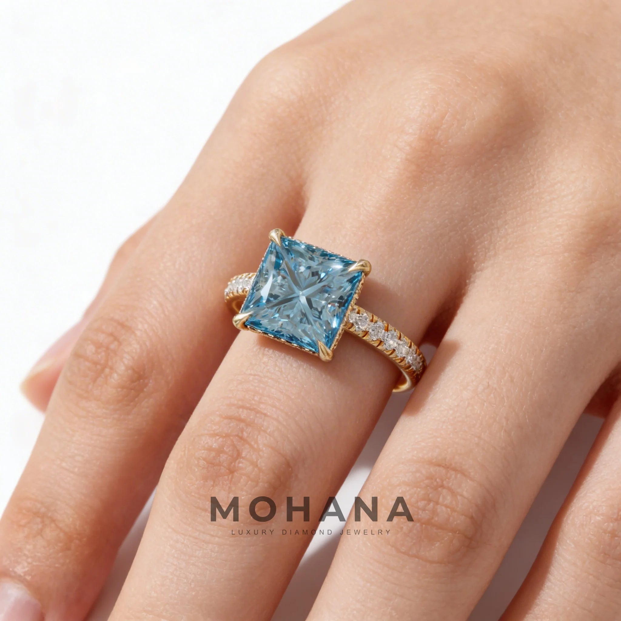 3 Carat Fancy Blue Princess Cut Hidden Halo Lab Grown Diamond Engagement Ring