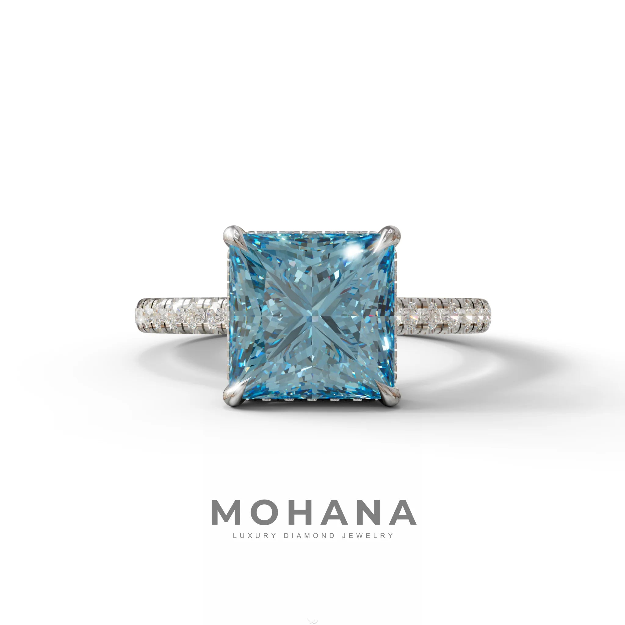3 Carat Fancy Blue Princess Cut Hidden Halo Lab Grown Diamond Engagement Ring - 10K Solid Gold / White Gold