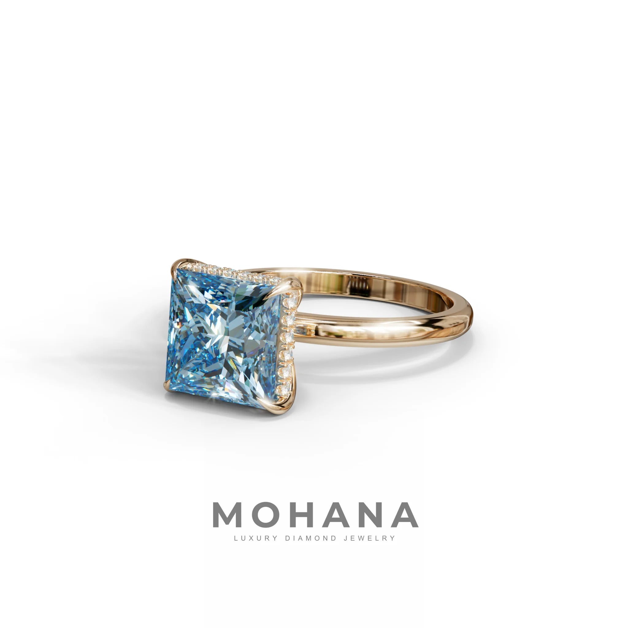 3 Carat Princess Cut Blue Lab Diamond Hidden Halo Engagement Ring