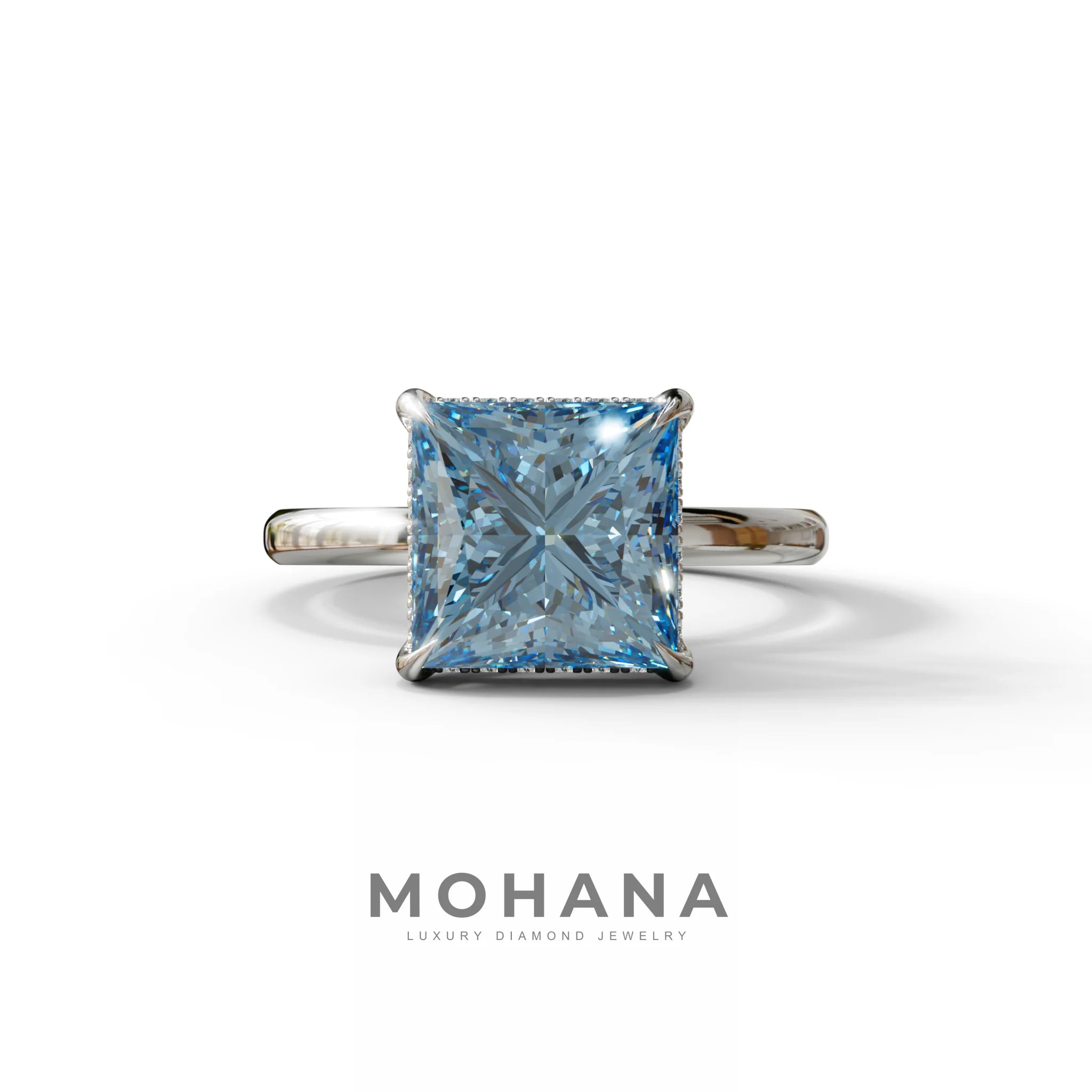 3 Carat Princess Cut Blue Lab Diamond Hidden Halo Engagement Ring - 10K Solid Gold / White Gold