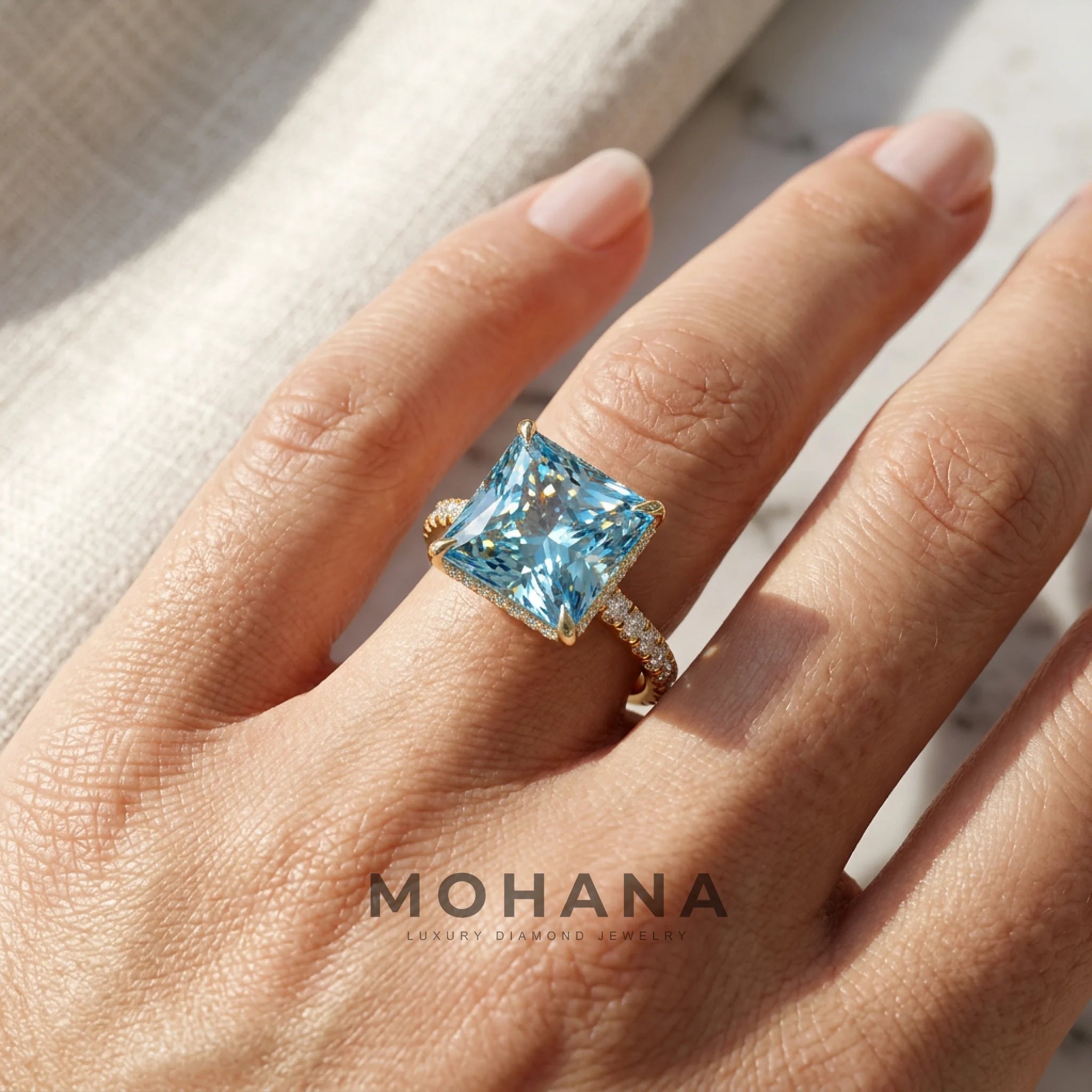 3 Carat Fancy Blue Princess Cut Hidden Halo Lab Grown Diamond Engagement Ring