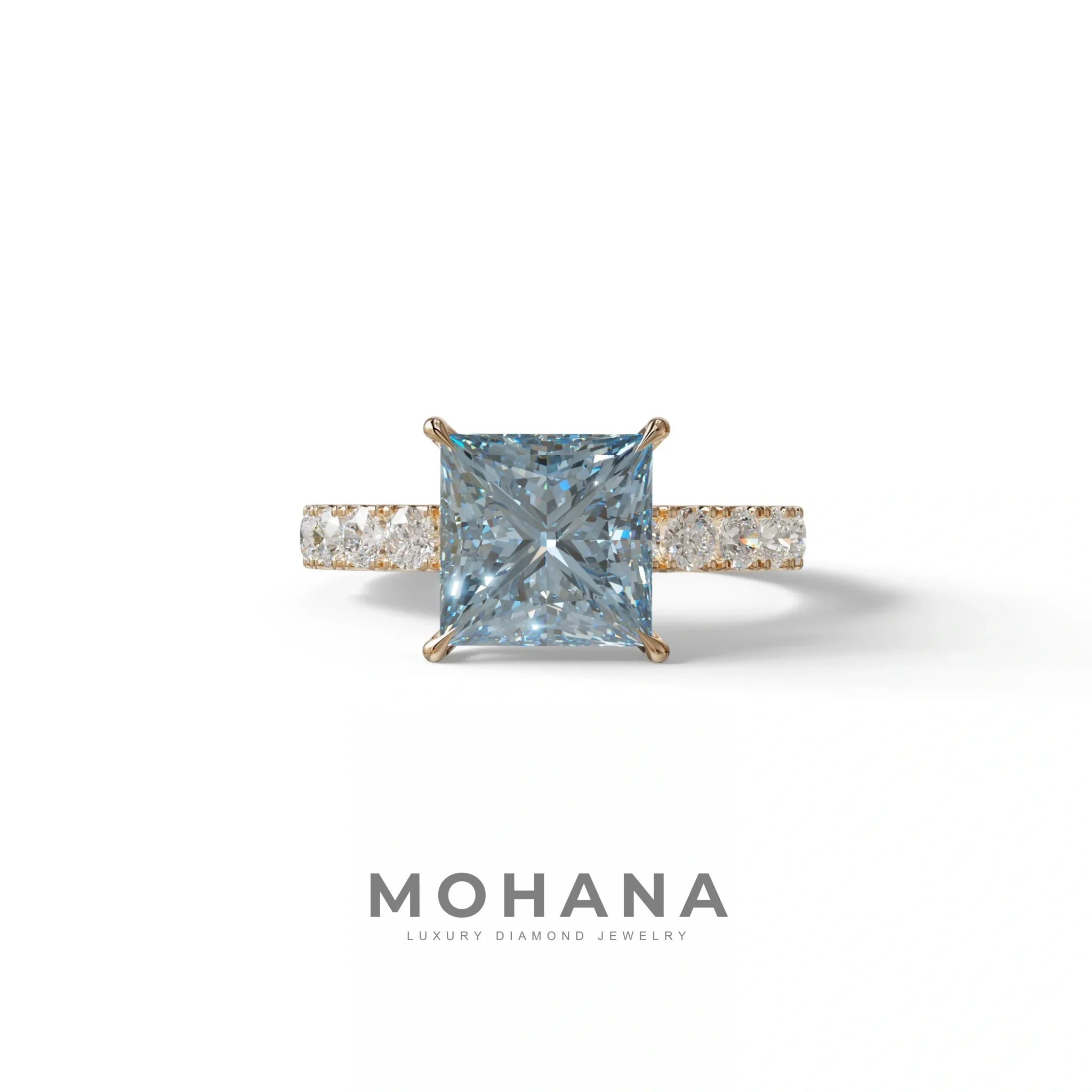3 Carat Fancy Vivid Blue Princess Cut Pave Lab Created Diamond Ring - Elysia - 10K Solid Gold / Rose Gold