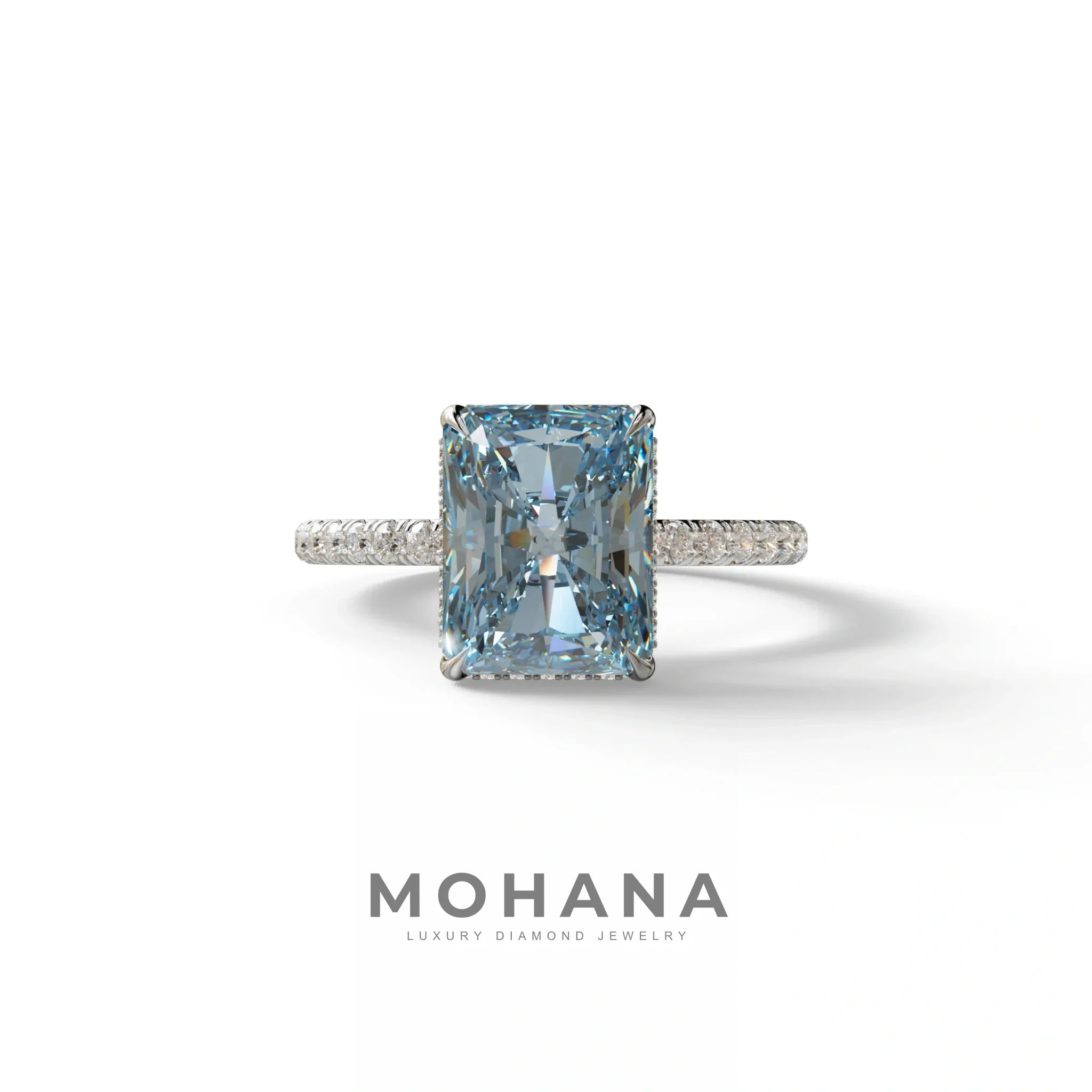 3 Ct Radiant Cut Blue Color Lab Diamond Ring - Monica - 10K Solid Gold / White Gold
