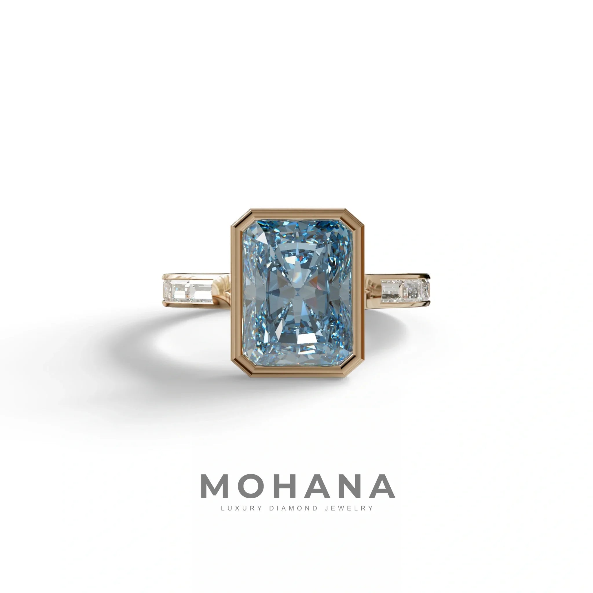 3 Ct Radiant Cut Blue Color Lab Diamond Ring - Olympia - 10K Solid Gold / Rose Gold