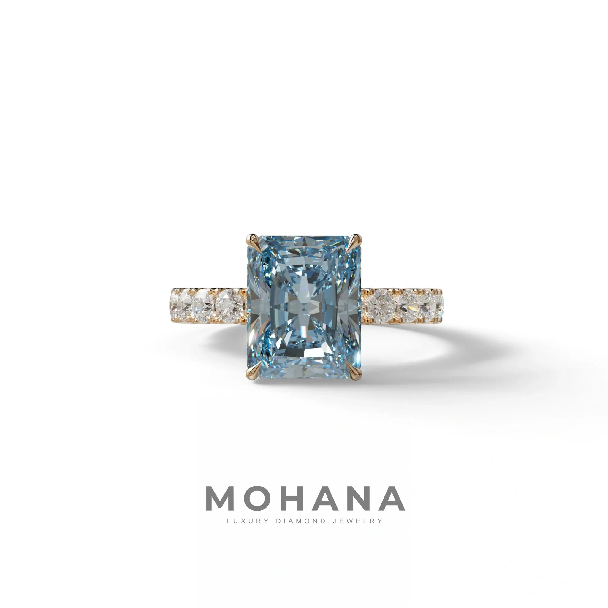 3 Carat Blue Radiant Cut Lab Diamond Engagement Ring - Lace Bridge - 10K Solid Gold / Rose Gold
