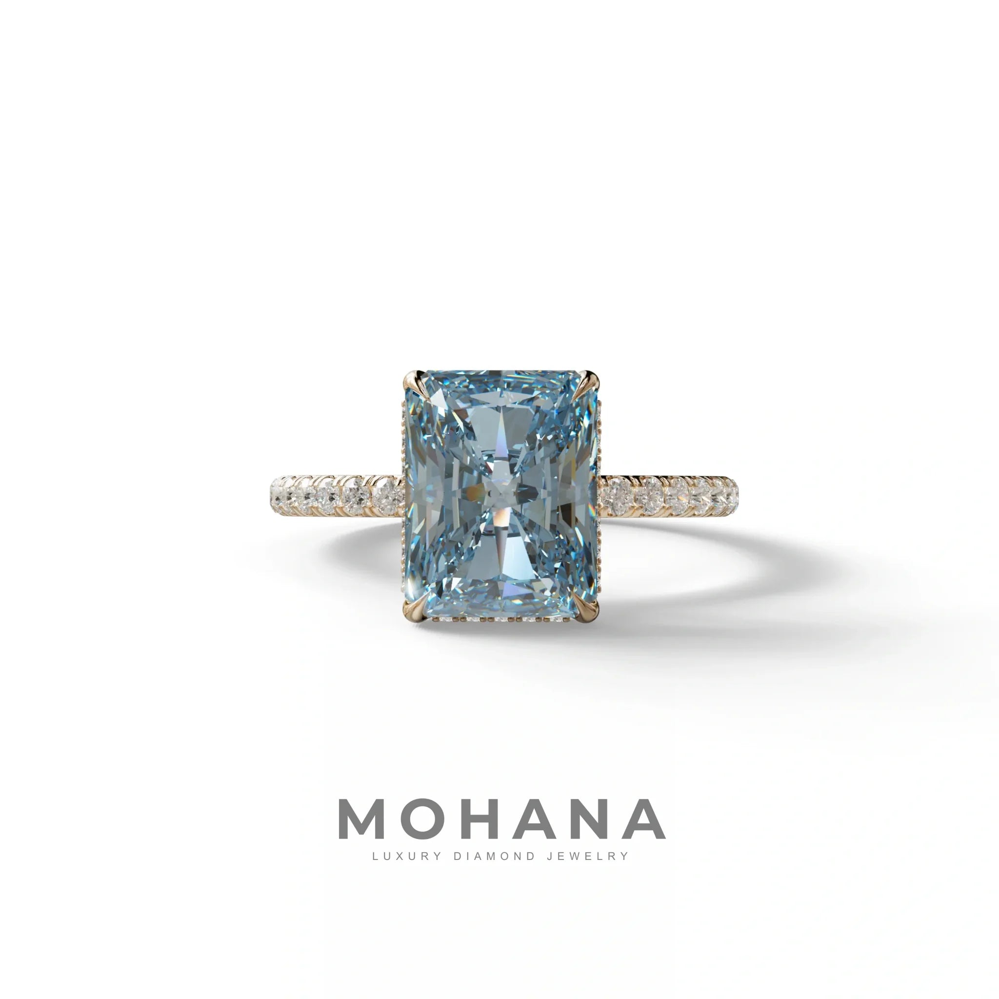 3 Ct Radiant Cut Blue Color Lab Diamond Ring - Monica - 10K Solid Gold / Rose Gold