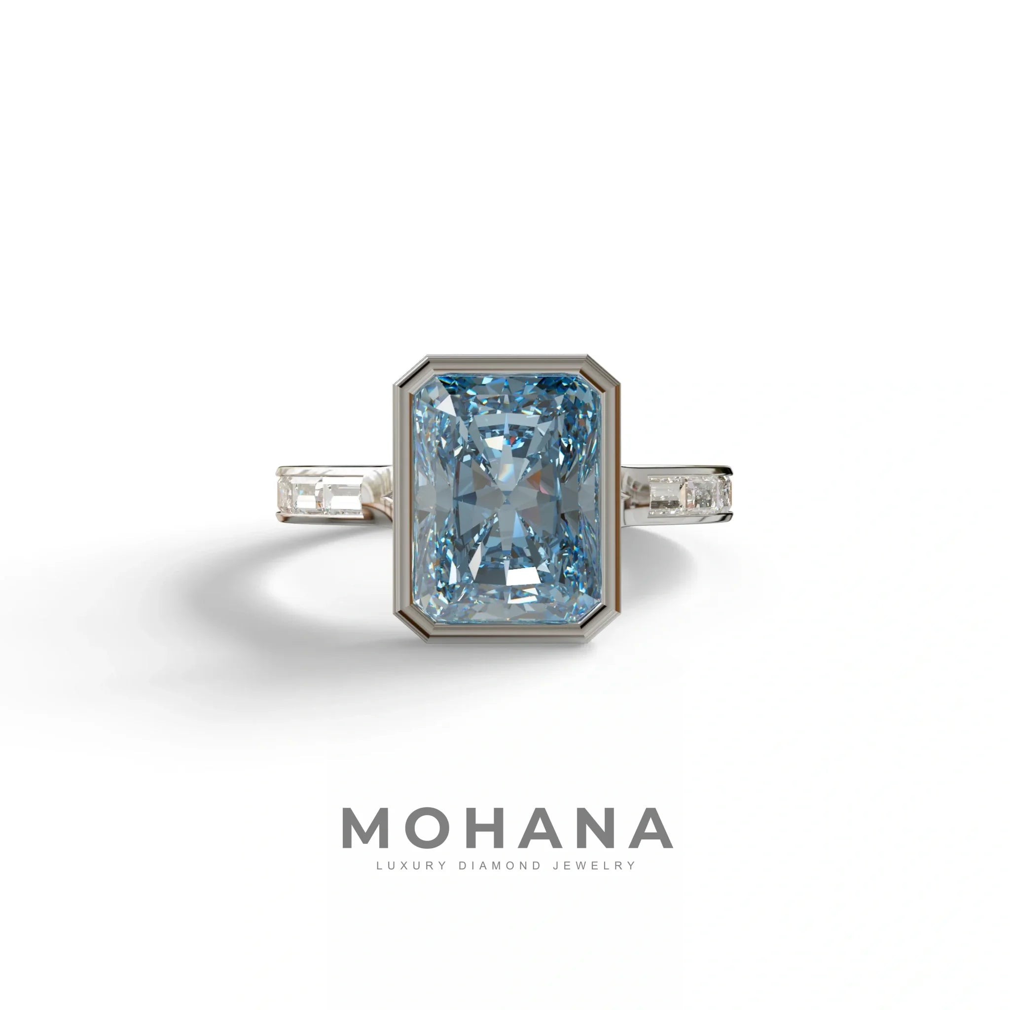 3 Ct Radiant Cut Blue Color Lab Diamond Ring - Olympia - 10K Solid Gold / White Gold