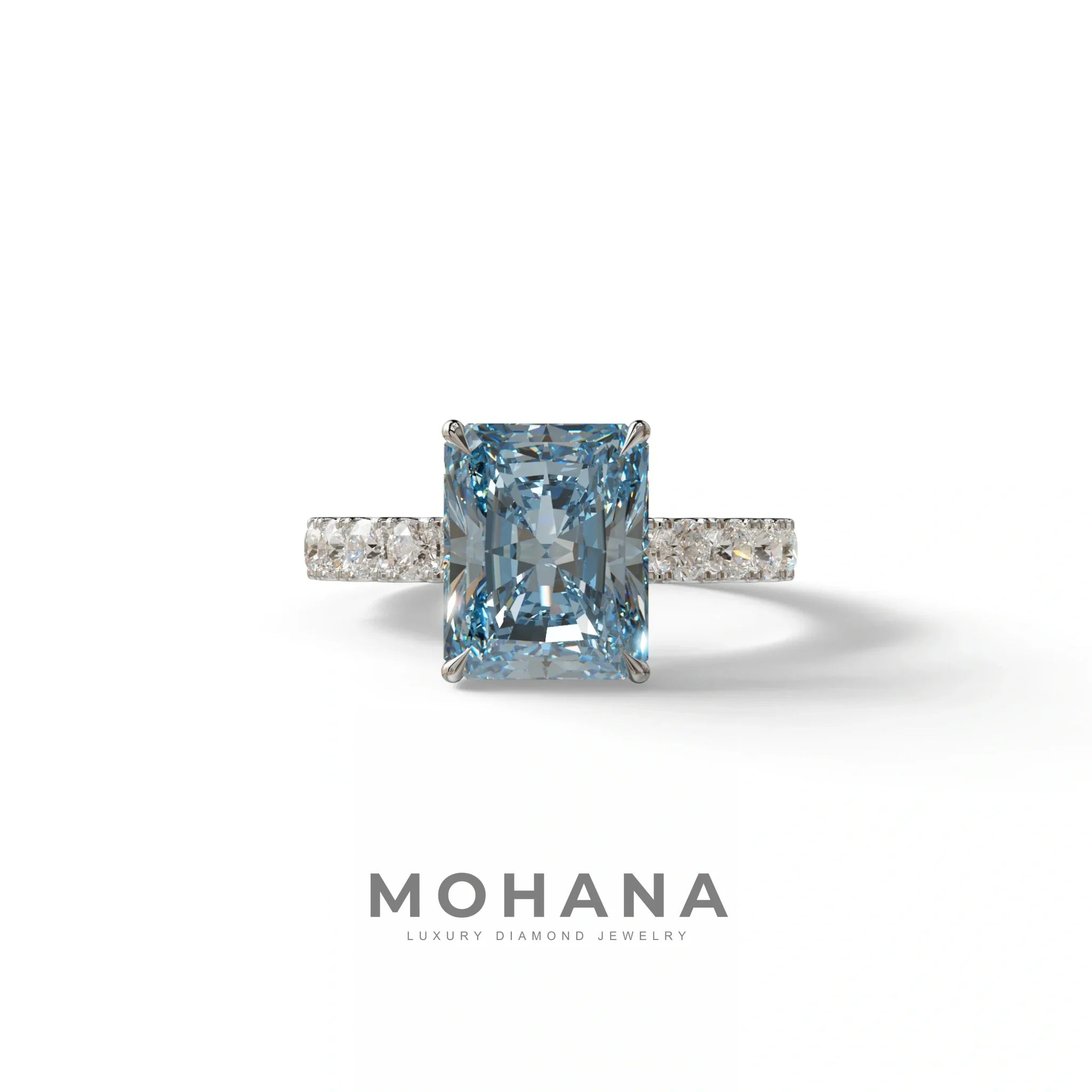 3 Carat Blue Radiant Cut Lab Diamond Engagement Ring - Lace Bridge - 10K Solid Gold / White Gold