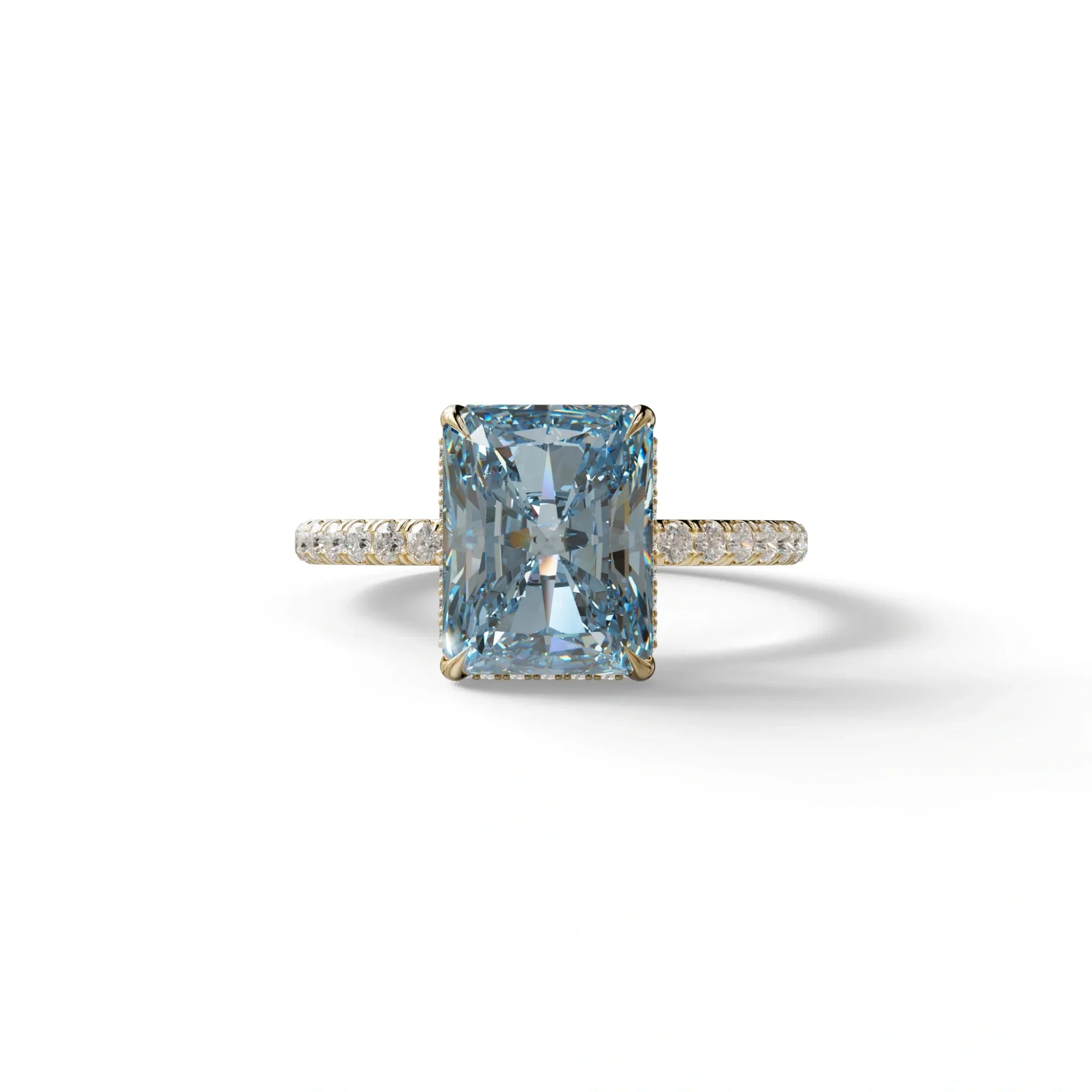 3 Ct Radiant Cut Blue Color Lab Diamond Ring - Monica - 10K Solid Gold / Yellow Gold