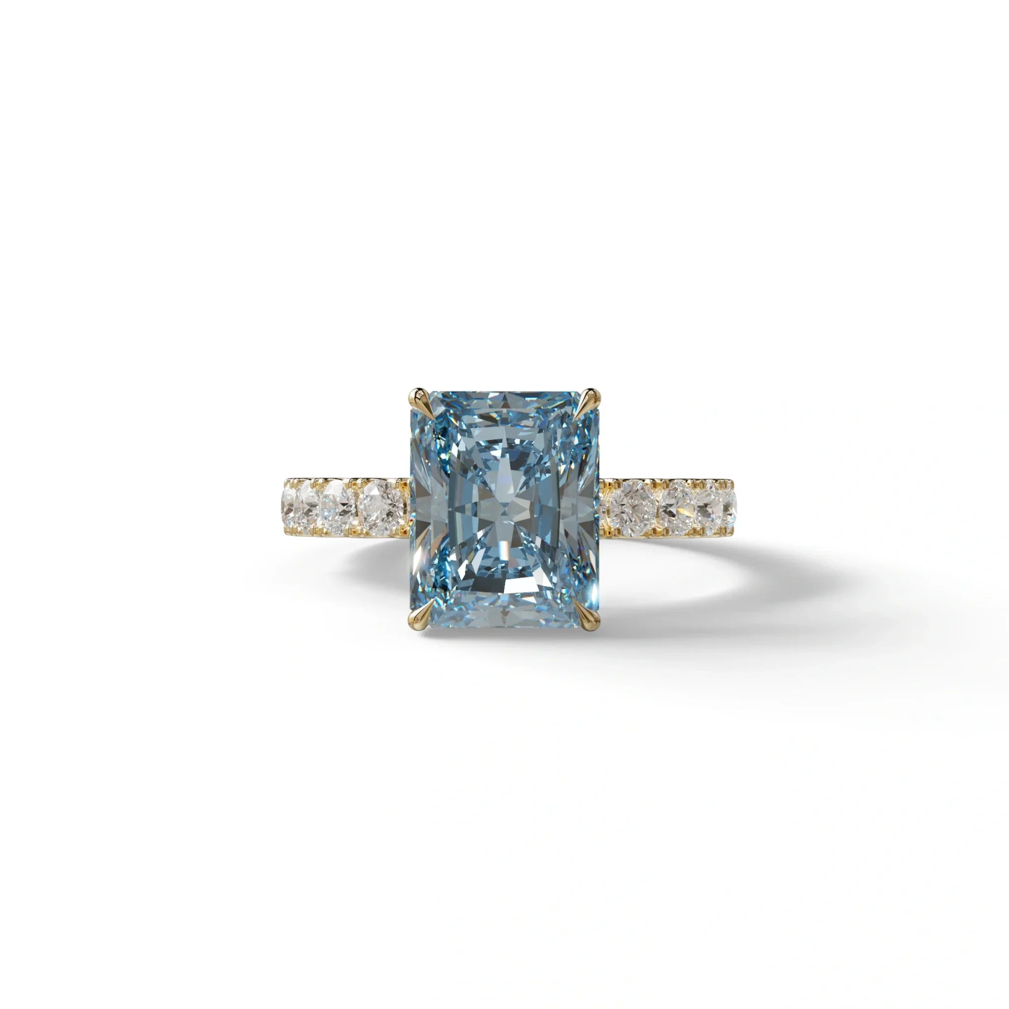 3 Carat Blue Radiant Cut Lab Diamond Engagement Ring - Lace Bridge - 10K Solid Gold / Yellow Gold
