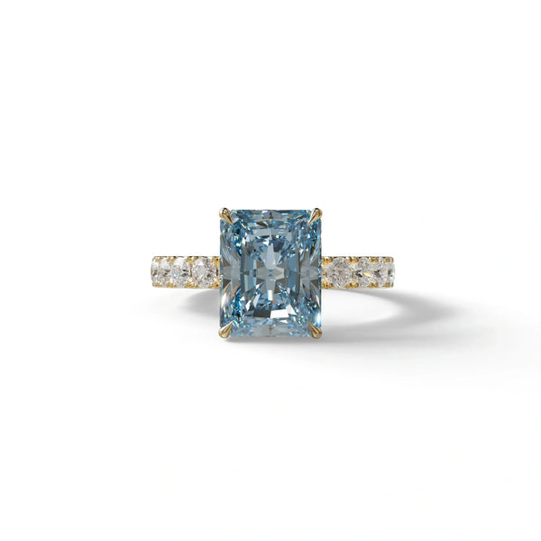 3 Carat Blue Lab Grown Diamond Engagement Ring – Radiant Cut Halo | Lace Bridge