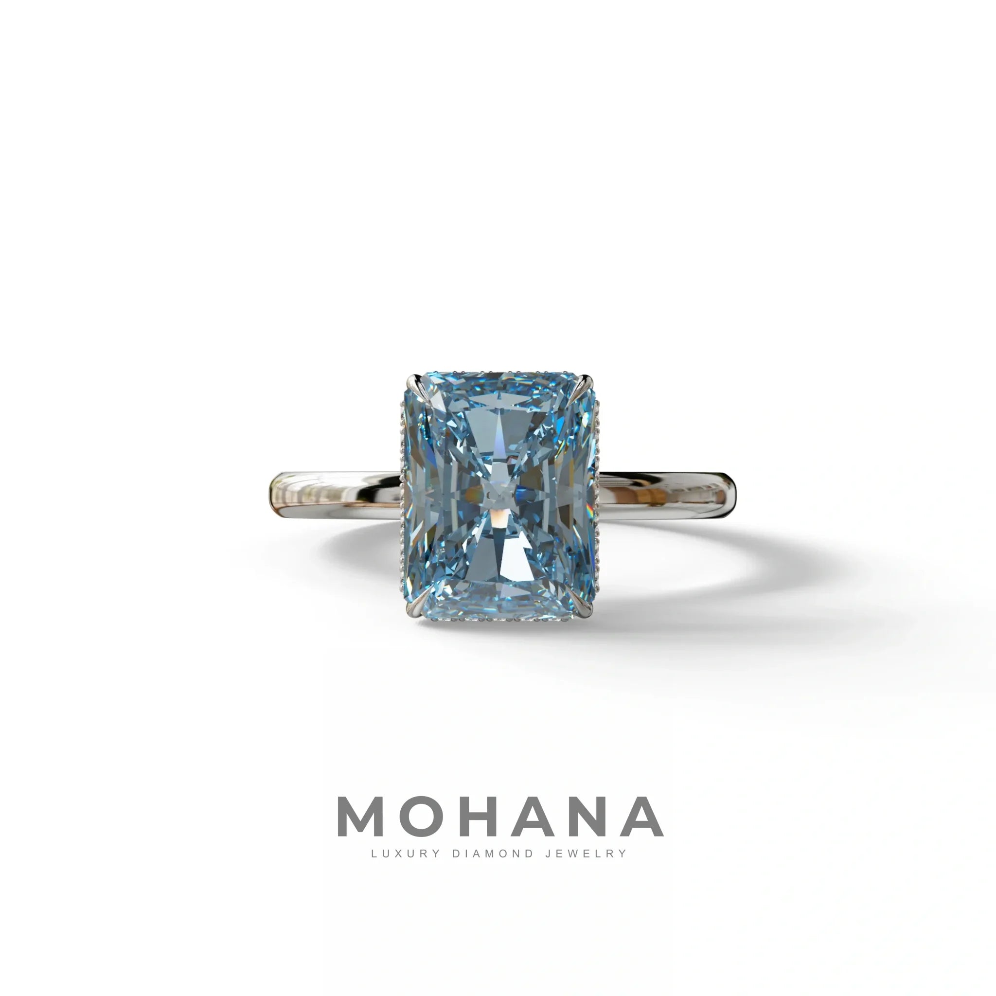 3 Carat Fancy Blue Radiant Cut Hidden Halo Lab Grown Diamond Engagement Ring - 10K Solid Gold / White Gold