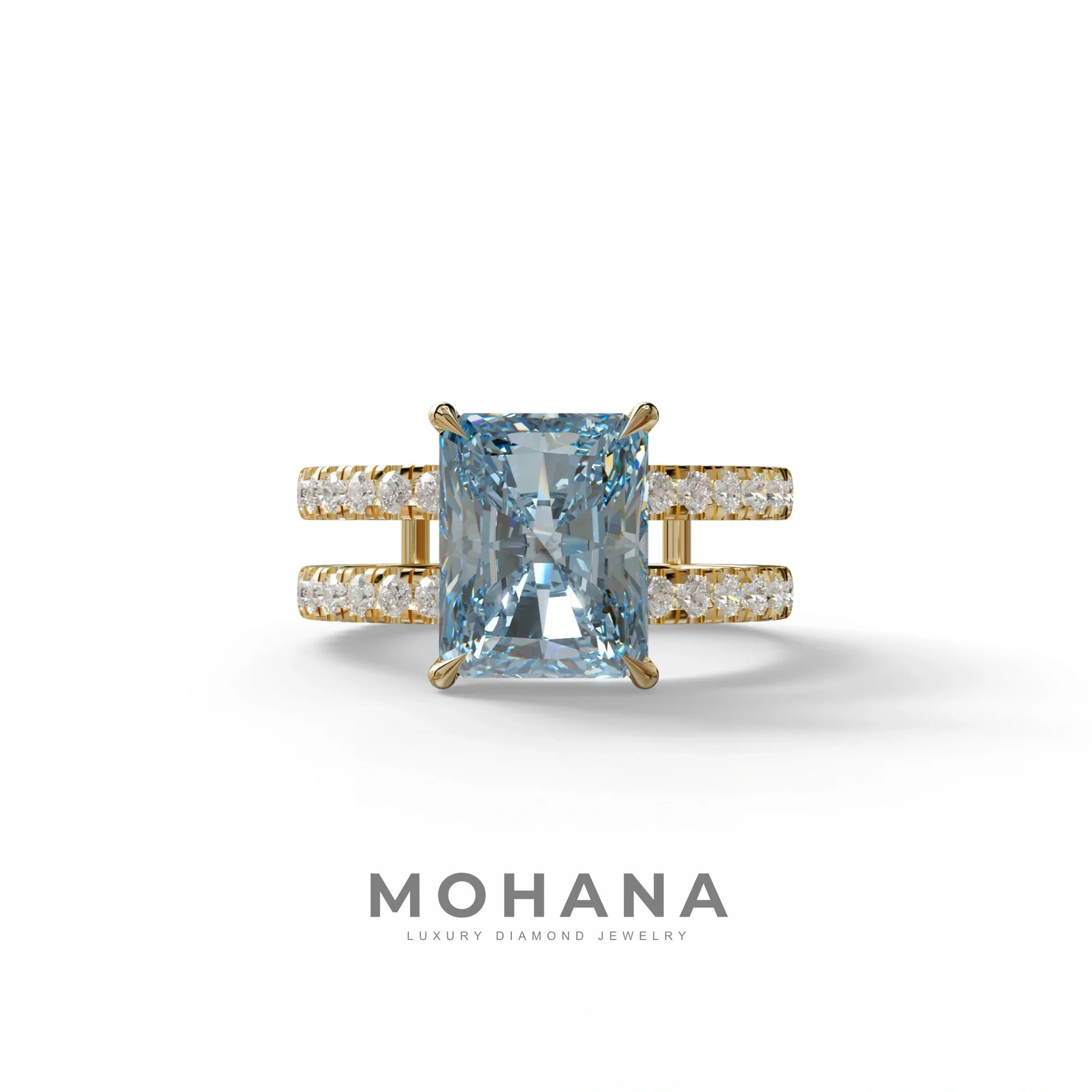 3 Carat Blue Radiant Cut Lab Diamond Engagement Ring | Double Band Hidden Halo Ring - Billie - 10K Solid Gold / Yellow