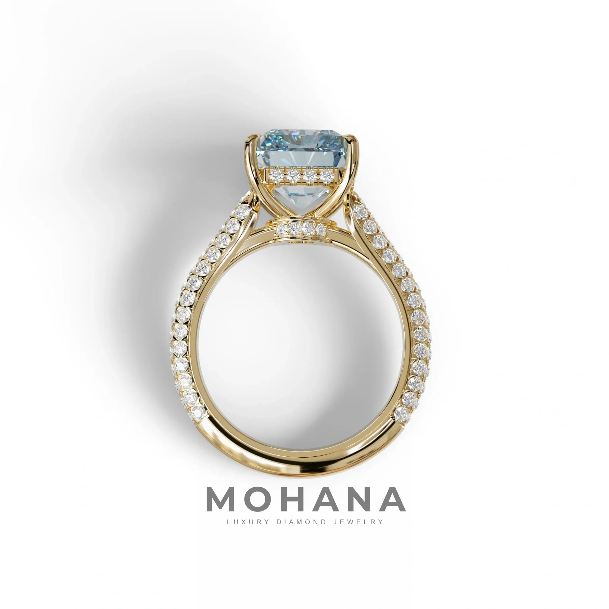 3 Carat Blue Radiant Cut Hidden Halo & Pave Set Lab Diamond Ring - Riviera