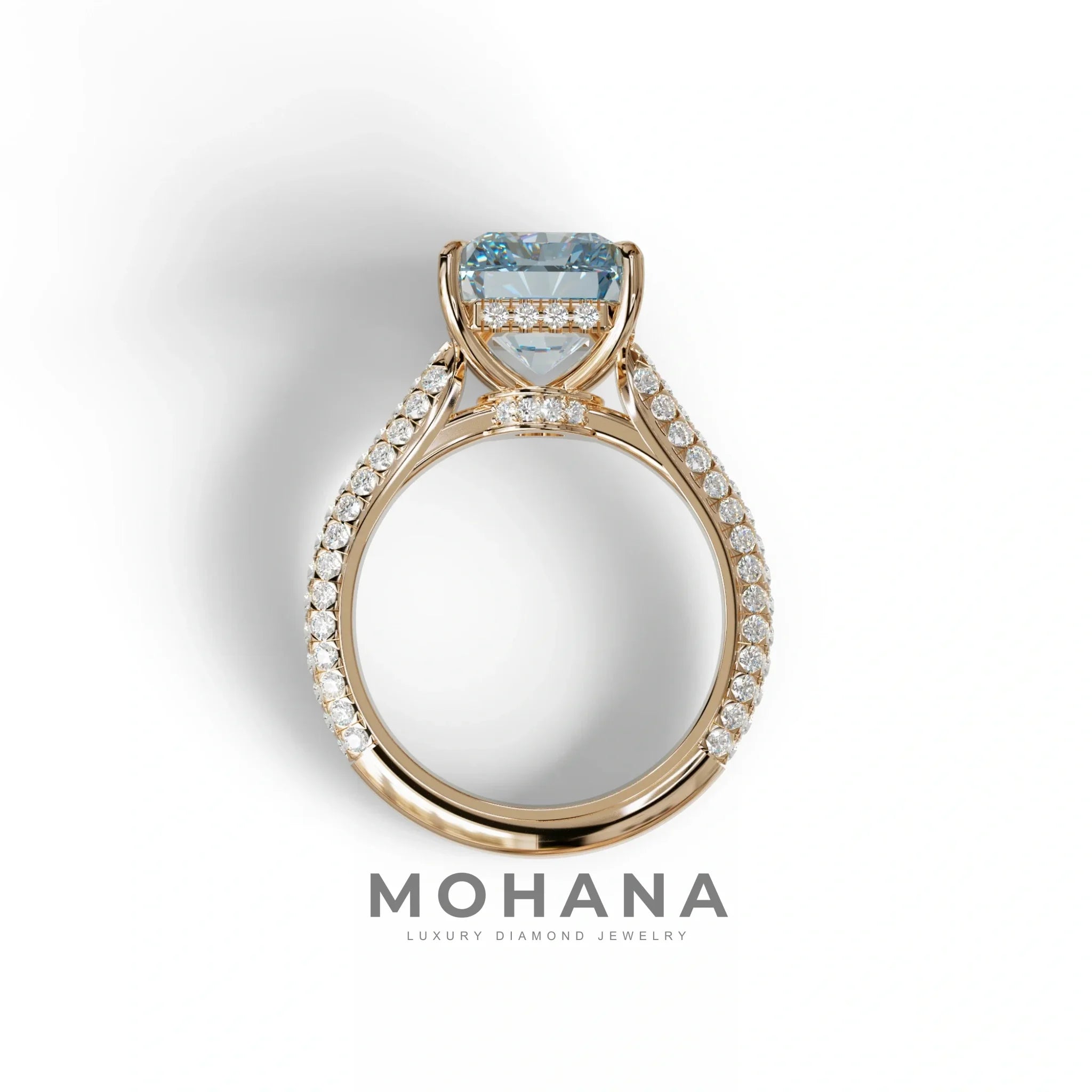 3 Carat Blue Radiant Cut Hidden Halo & Pave Set Lab Diamond Ring - Riviera