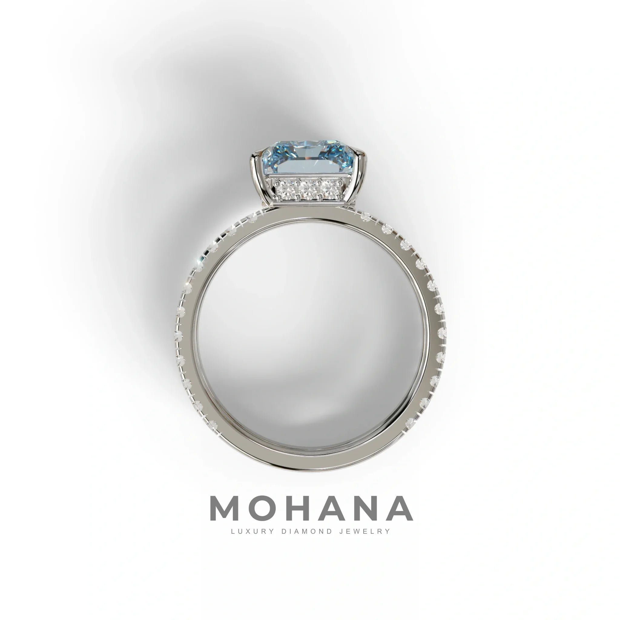 3 Carat Blue Radiant Cut Lab Diamond Engagement Ring | Double Band Hidden Halo Ring - Billie