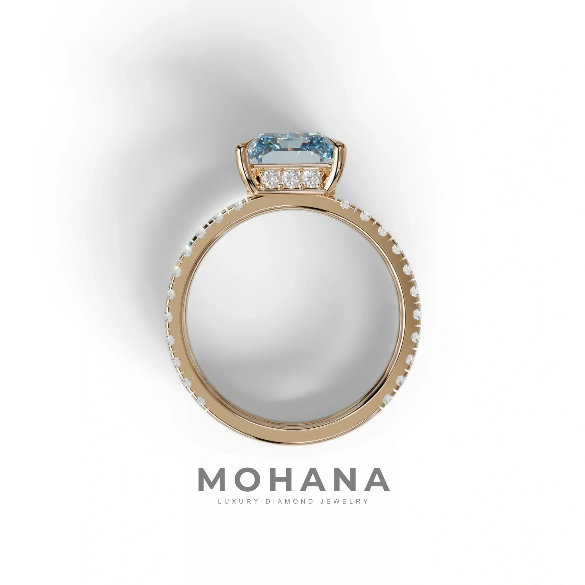 3 Carat Blue Radiant Cut Lab Diamond Engagement Ring | Double Band Hidden Halo Ring - Billie