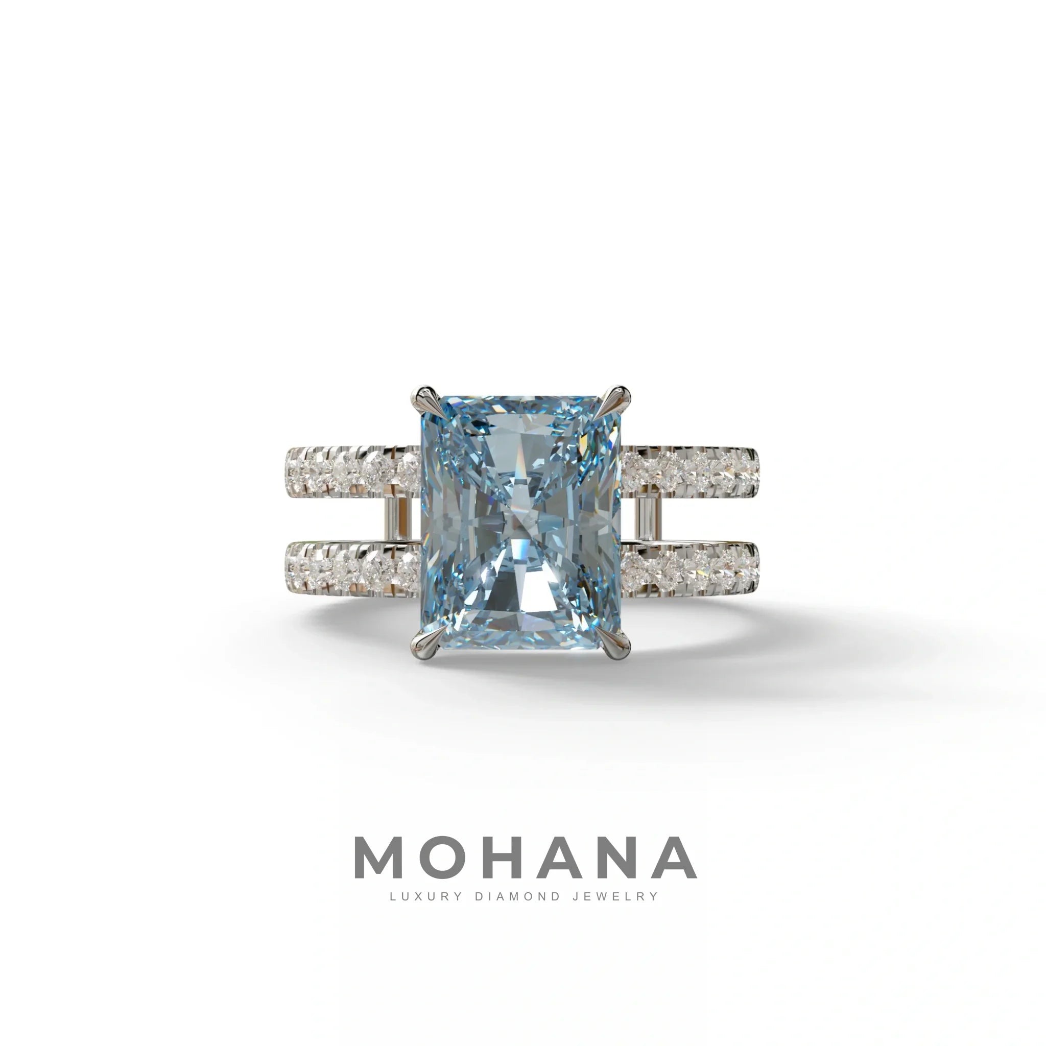 3 Carat Blue Radiant Cut Lab Diamond Engagement Ring | Double Band Hidden Halo Ring - Billie - 10K Solid Gold / White