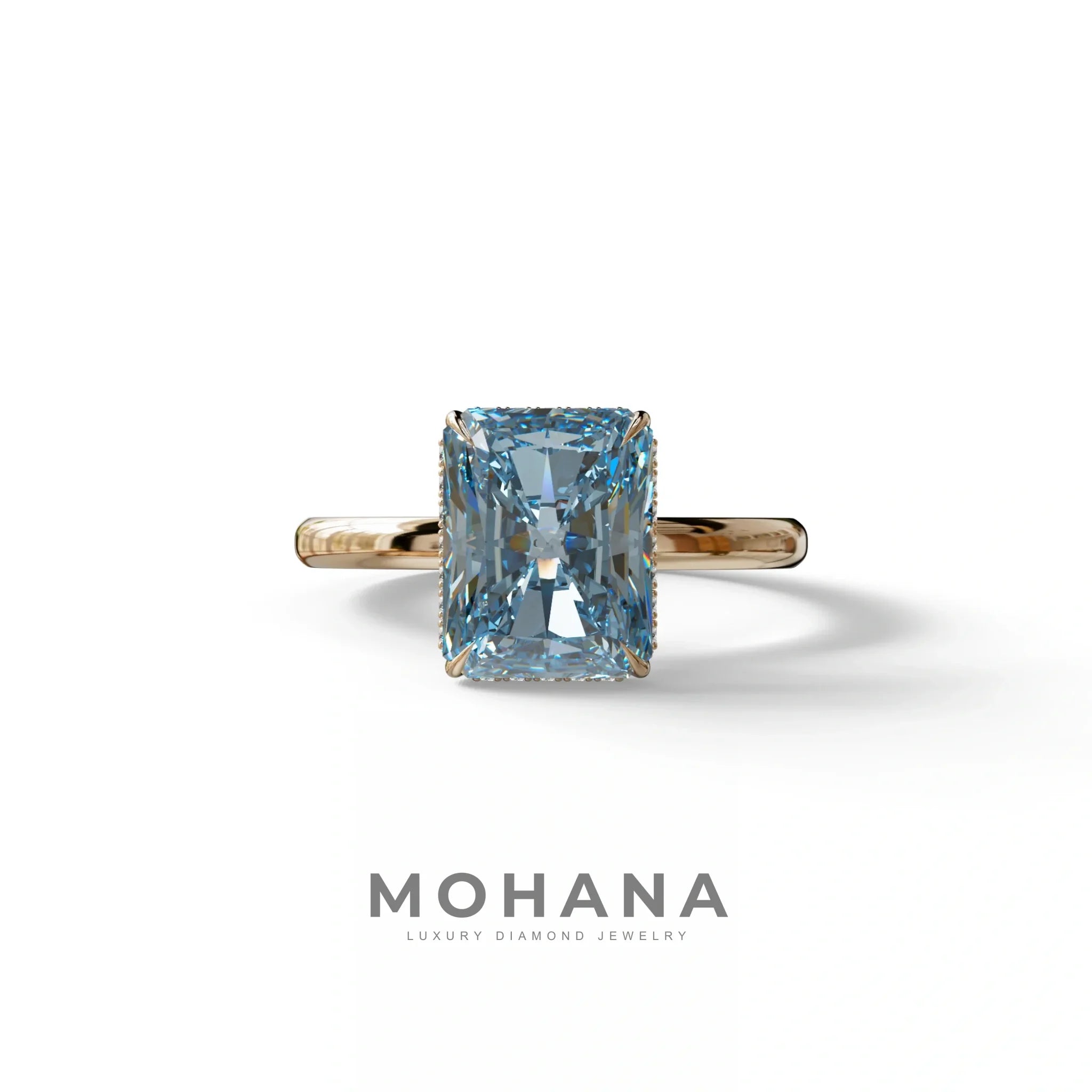 3 Carat Fancy Blue Radiant Cut Hidden Halo Lab Grown Diamond Engagement Ring - 10K Solid Gold / Rose Gold