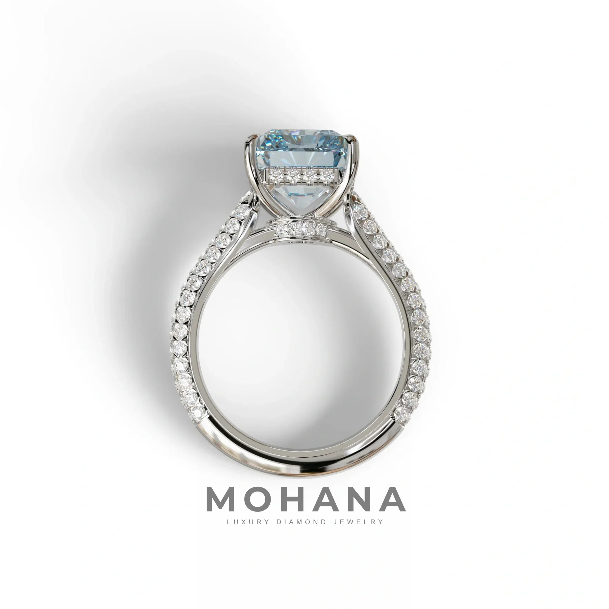 3 Carat Blue Radiant Cut Hidden Halo & Pave Set Lab Diamond Ring - Riviera