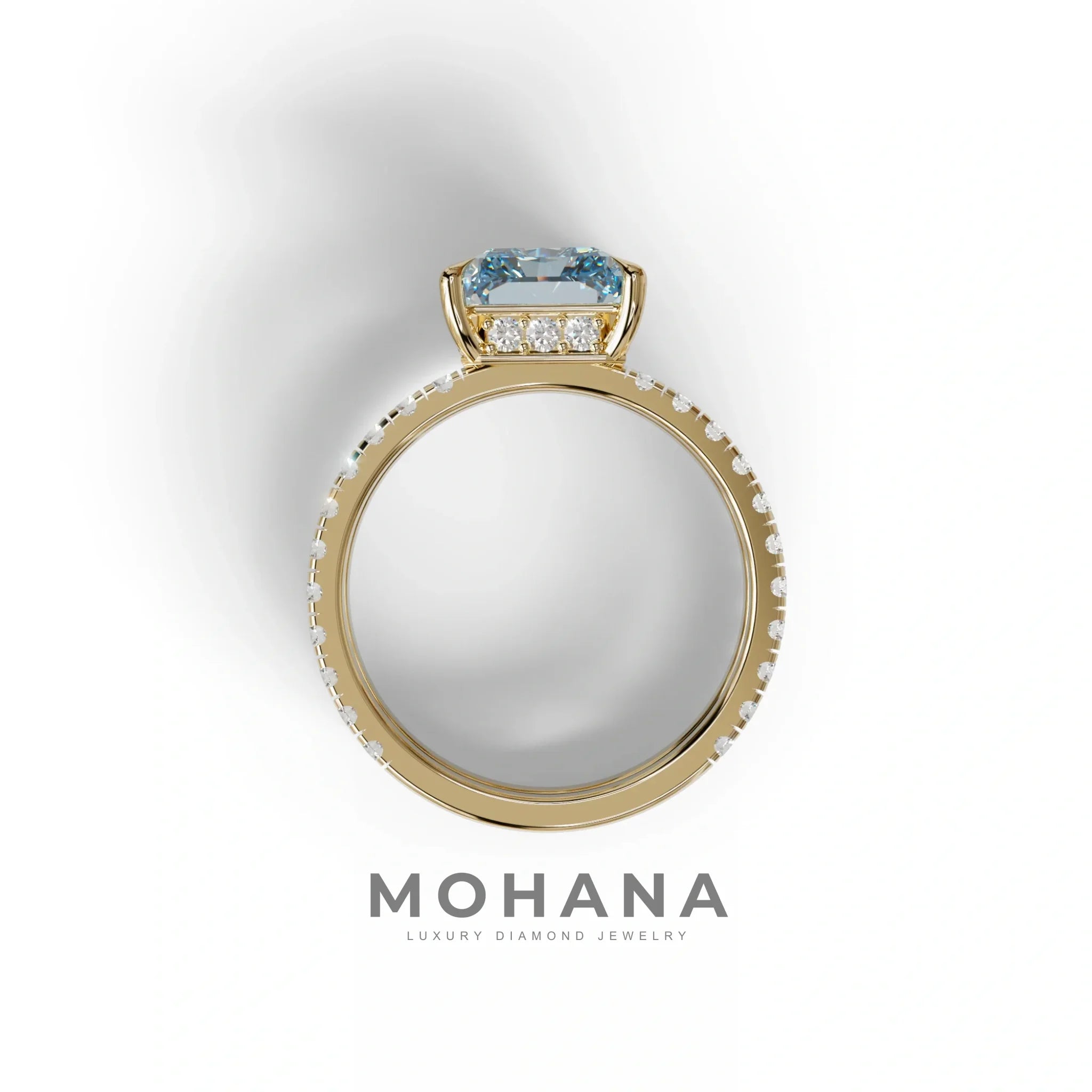 3 Carat Blue Radiant Cut Lab Diamond Engagement Ring | Double Band Hidden Halo Ring - Billie