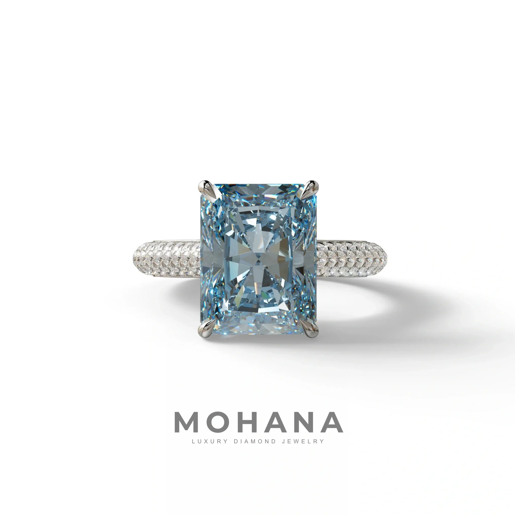 3 Carat Blue Radiant Cut Hidden Halo & Pave Set Lab Diamond Ring - Riviera - 10K Solid Gold / White Gold
