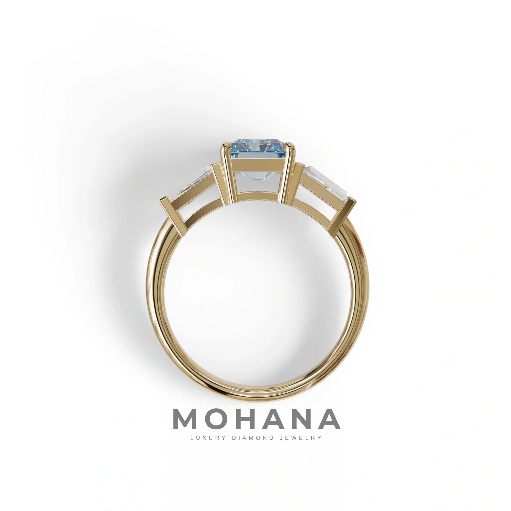 3Ct Vivid Blue Radiant Cut Lab Grown Diamond Three Stone Engagement Ring - Yana
