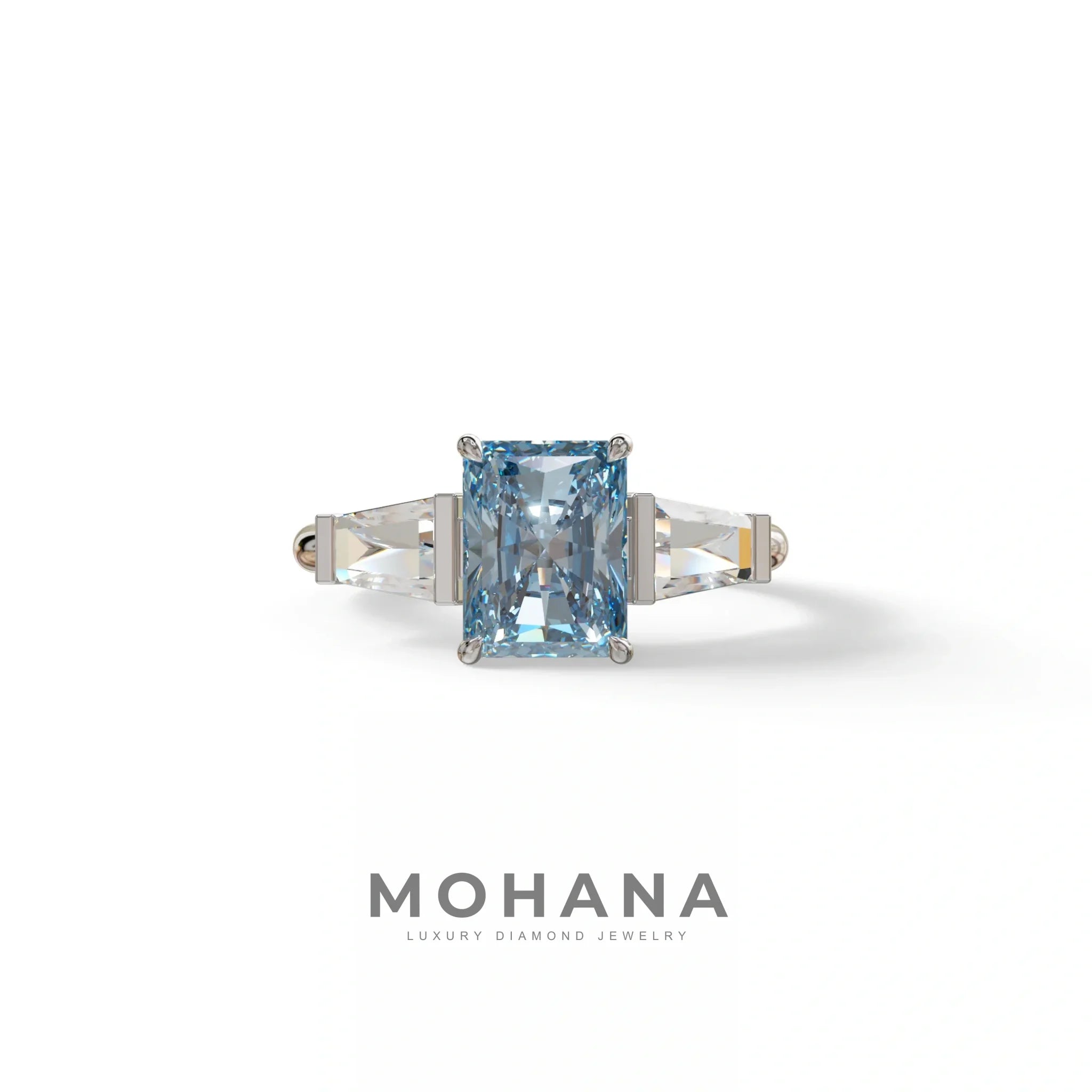 3Ct Vivid Blue Radiant Cut Lab Grown Diamond Three Stone Engagement Ring - Yana - 10K Solid Gold / White Gold