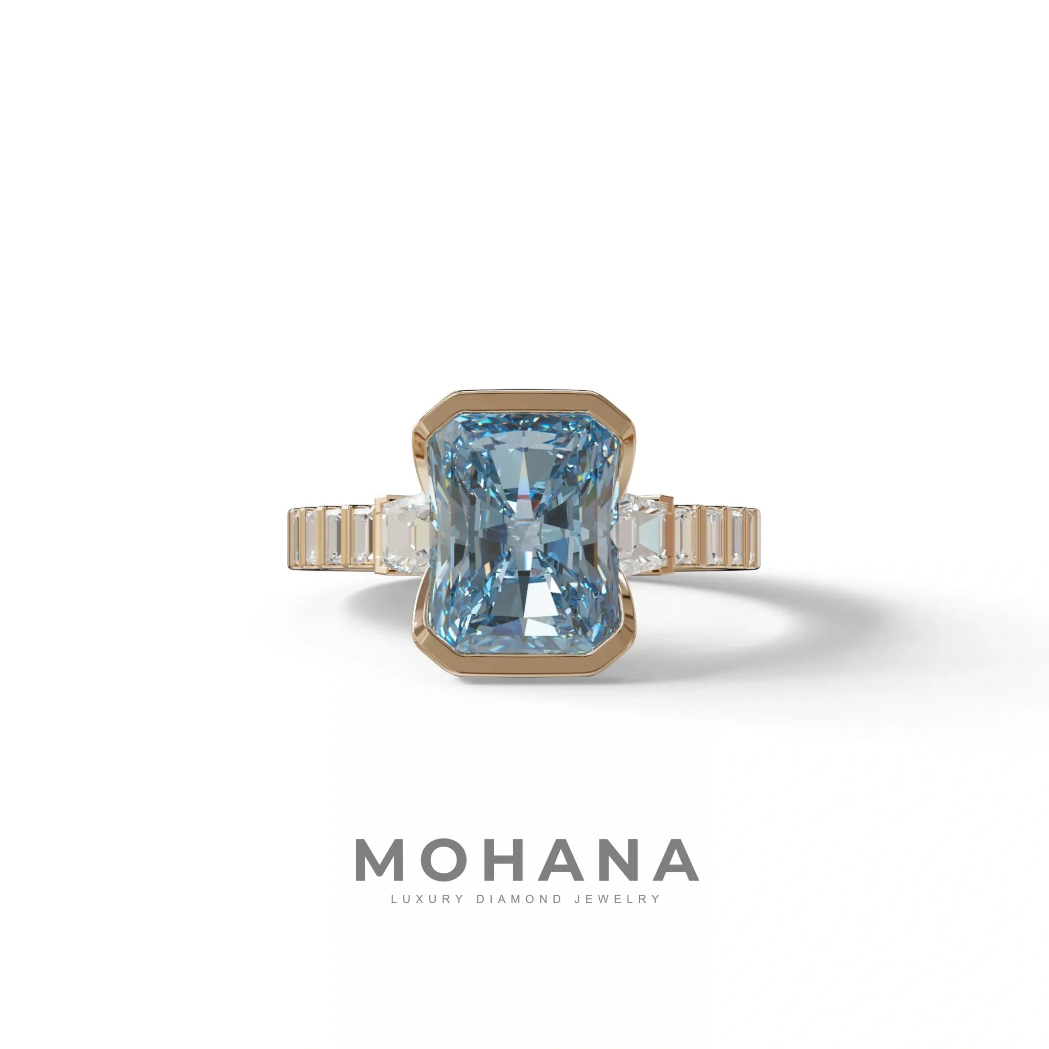 3 Carat Fancy Vivid Blue Radiant Cut Lab Diamond Engagement Ring | Three Stone Bezel Set Ring- Adiamor - 10K Solid Gold