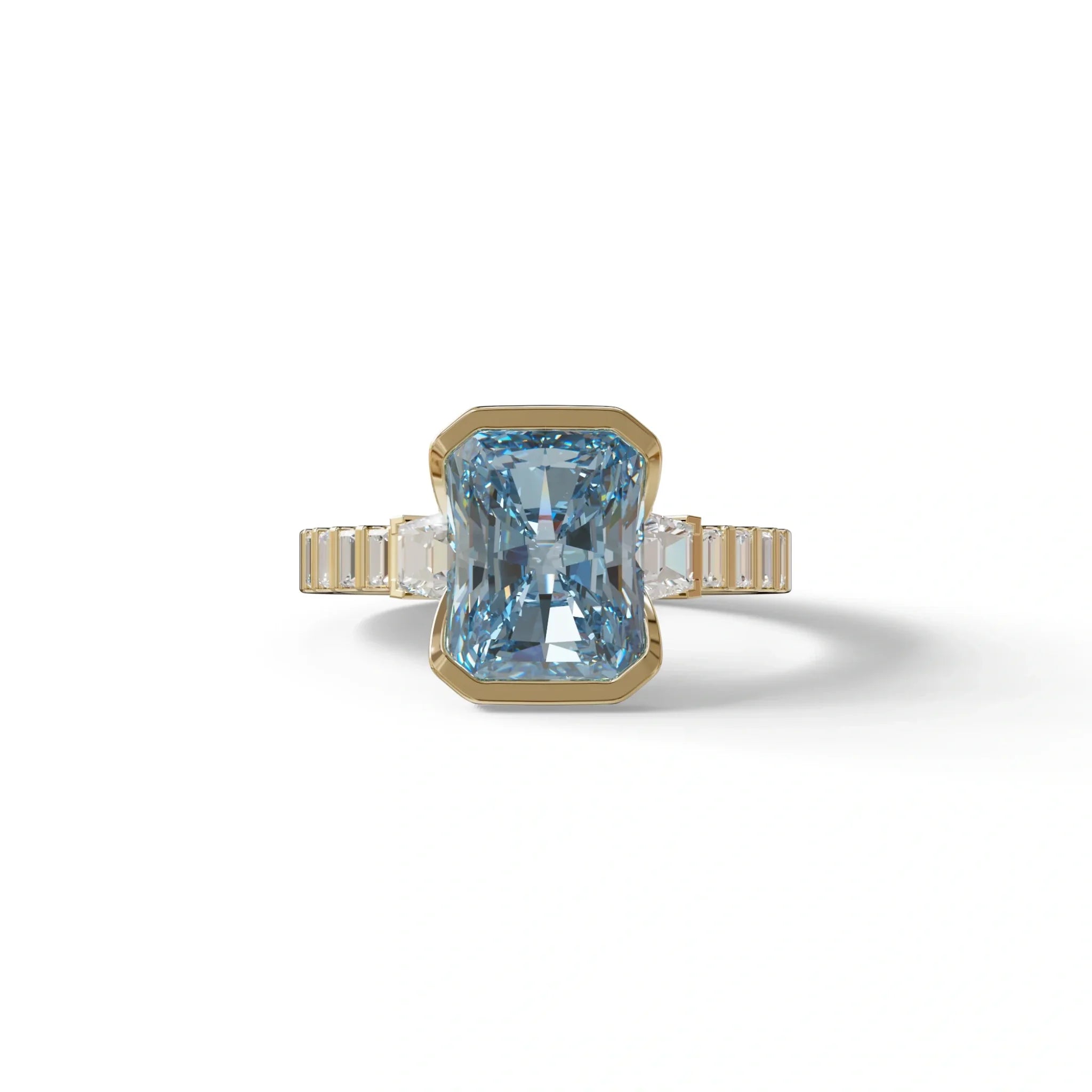 3 Carat Fancy Vivid Blue Radiant Cut Lab Diamond Engagement Ring | Three Stone Bezel Set Ring- Adiamor - 10K Solid Gold