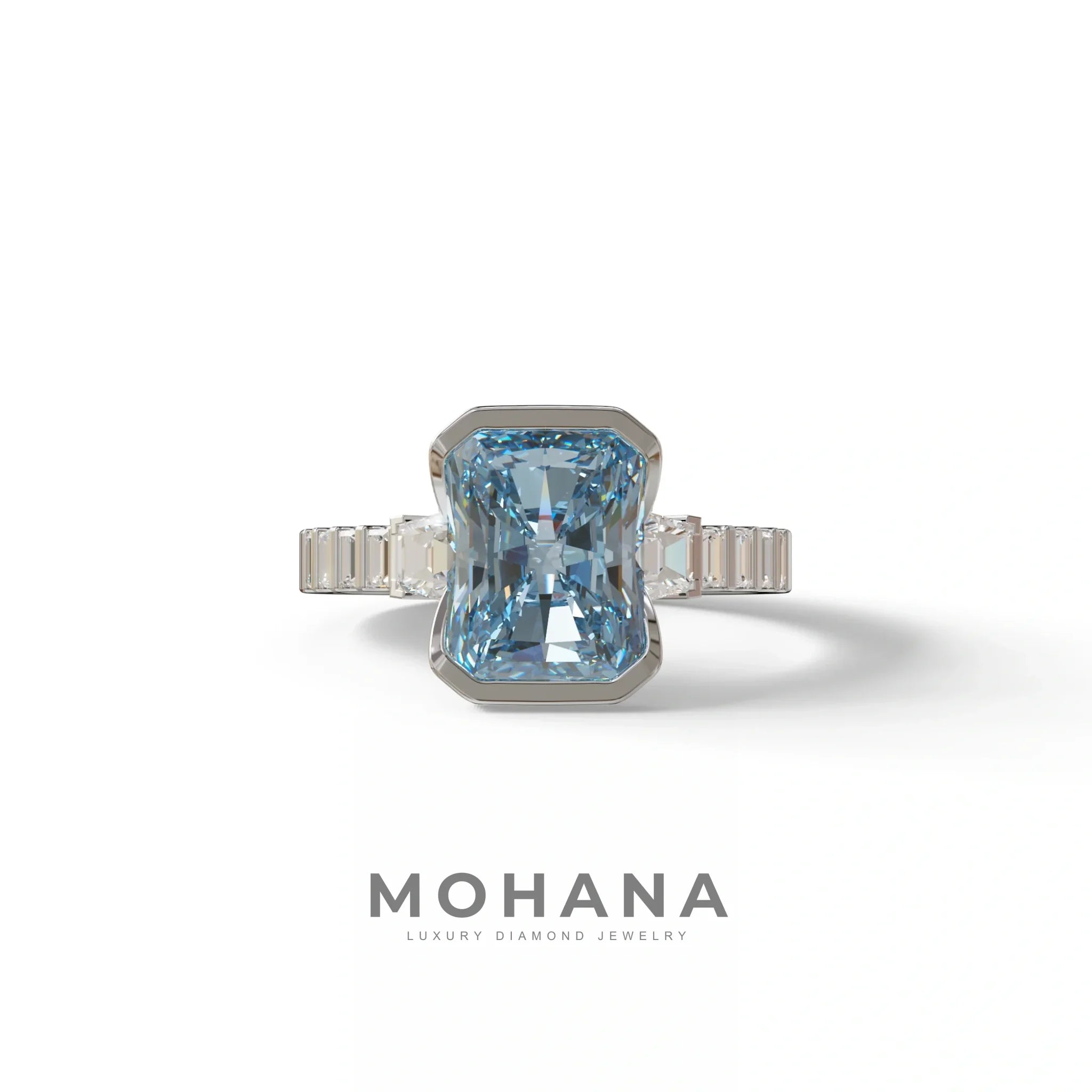 3 Carat Fancy Vivid Blue Radiant Cut Lab Diamond Engagement Ring | Three Stone Bezel Set Ring- Adiamor - 10K Solid Gold