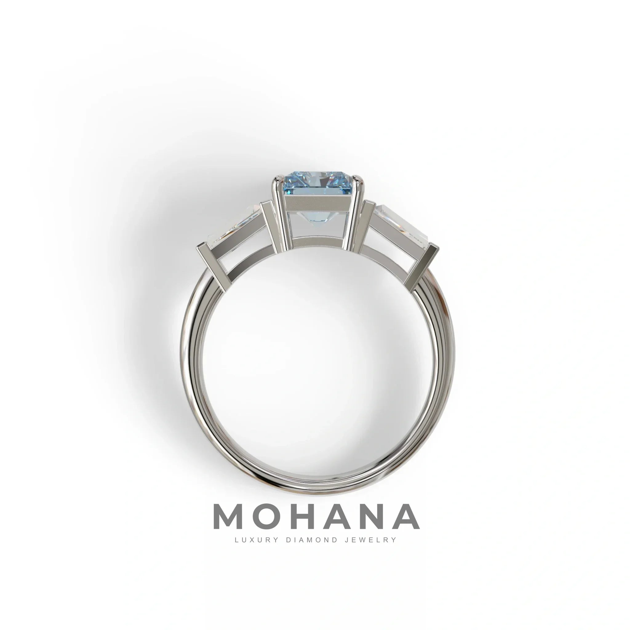 3Ct Vivid Blue Radiant Cut Lab Grown Diamond Three Stone Engagement Ring - Yana