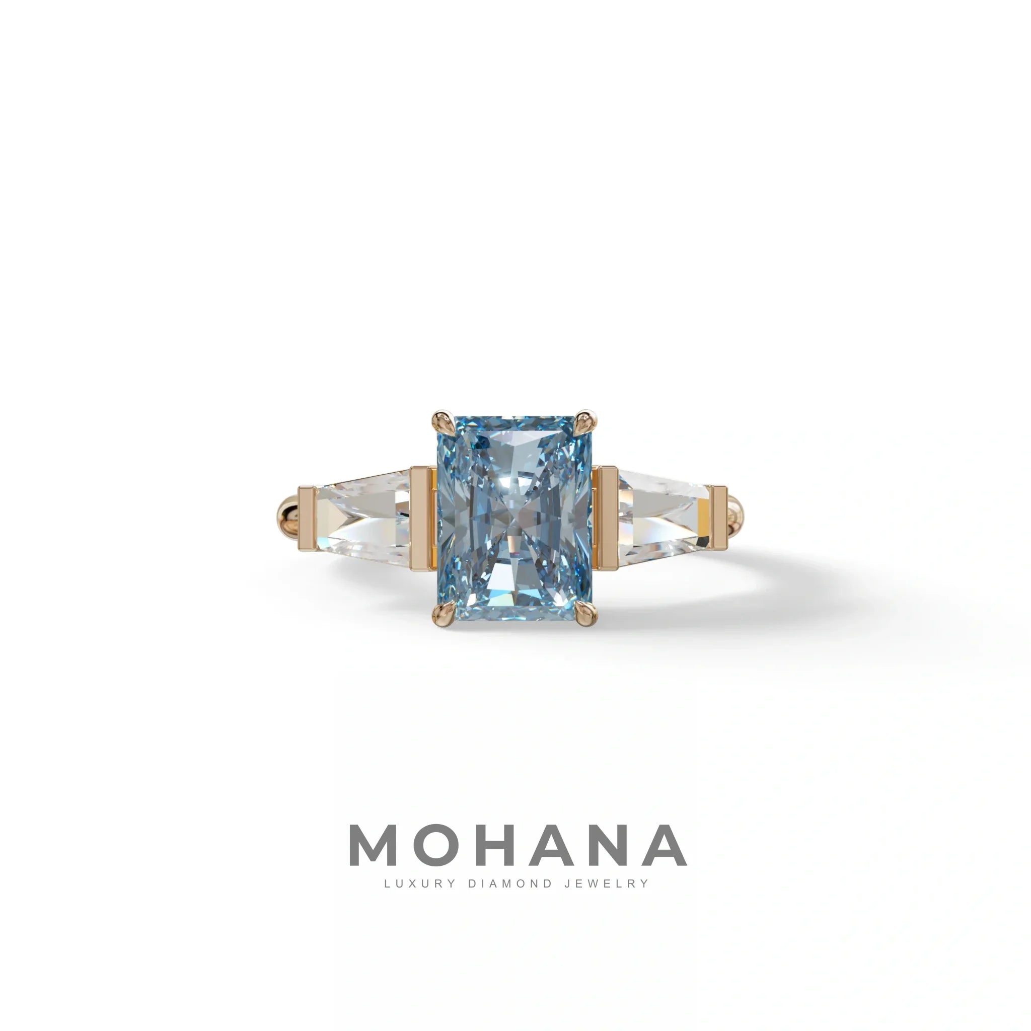 3Ct Vivid Blue Radiant Cut Lab Grown Diamond Three Stone Engagement Ring - Yana - 10K Solid Gold / Rose Gold