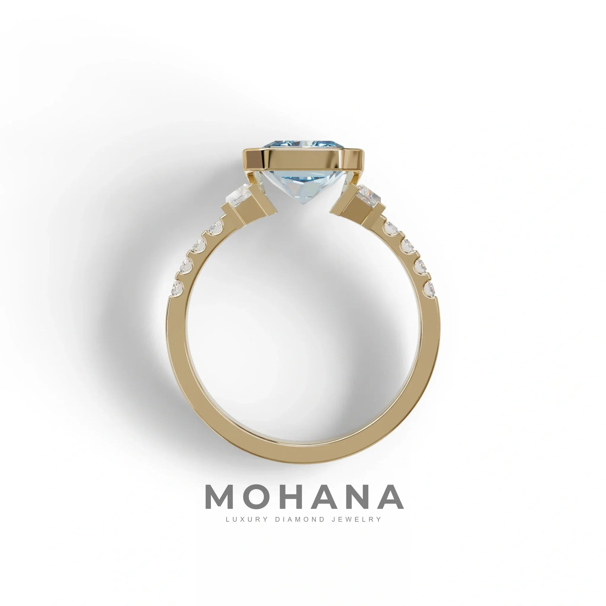 3 Carat Fancy Vivid Blue Radiant Cut Lab Diamond Engagement Ring | Three Stone Bezel Set Ring- Adiamor