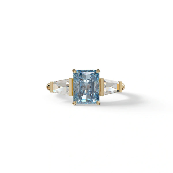 3 Carat Blue Lab Grown Diamond Engagement Ring – Radiant Cut Three Stone | Yana