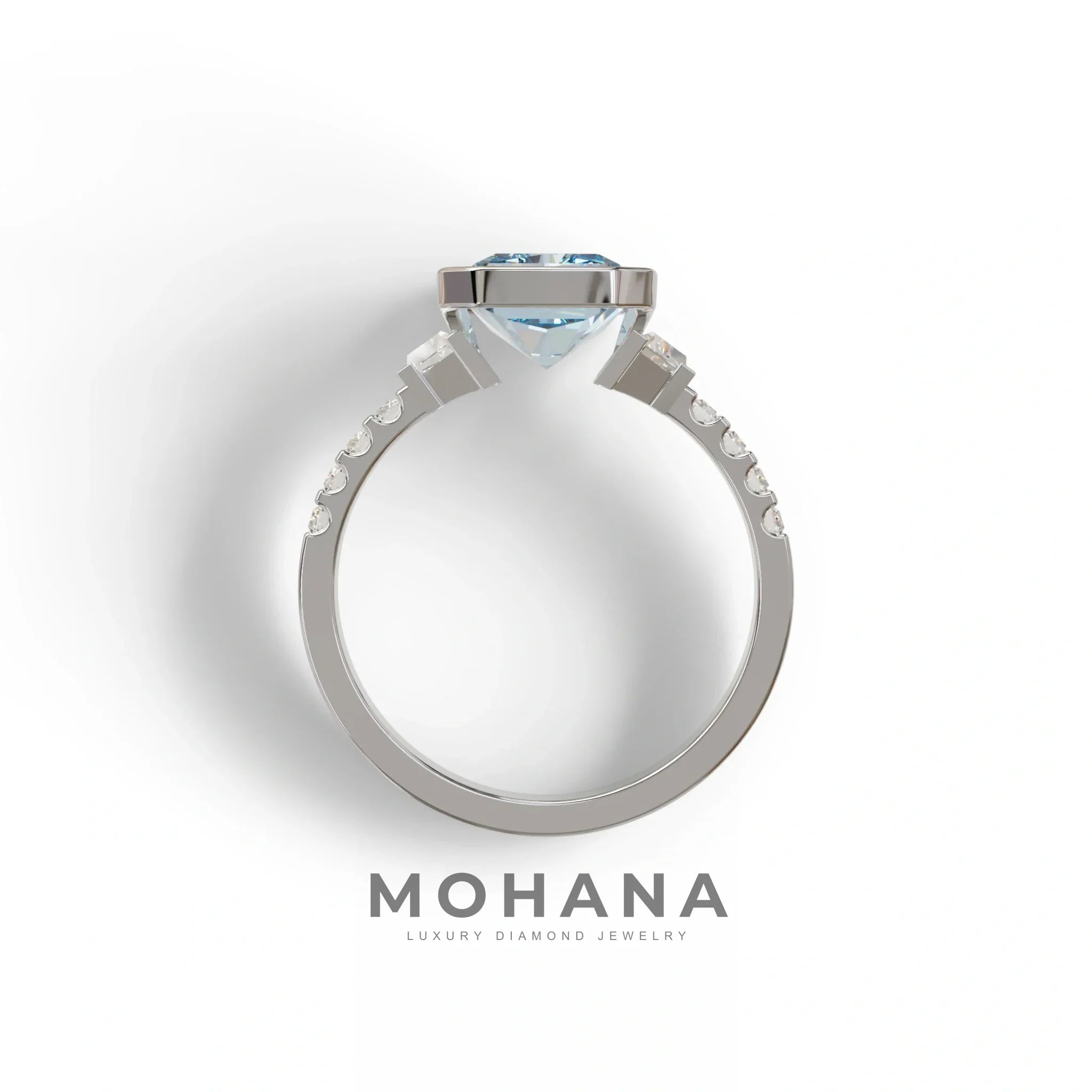 3 Carat Fancy Vivid Blue Radiant Cut Lab Diamond Engagement Ring | Three Stone Bezel Set Ring- Adiamor