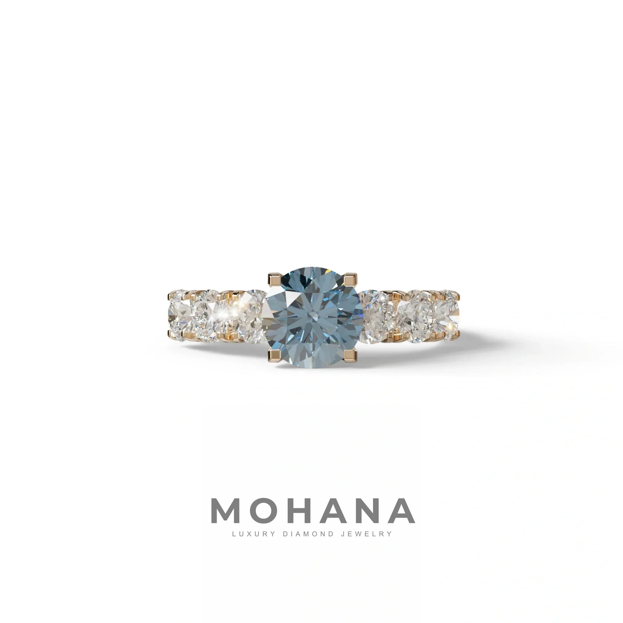 3 Carat Blue Round Cut Half Eternity Lab Diamond Engagement Ring - Angeleno - 10K Solid Gold / Rose Gold