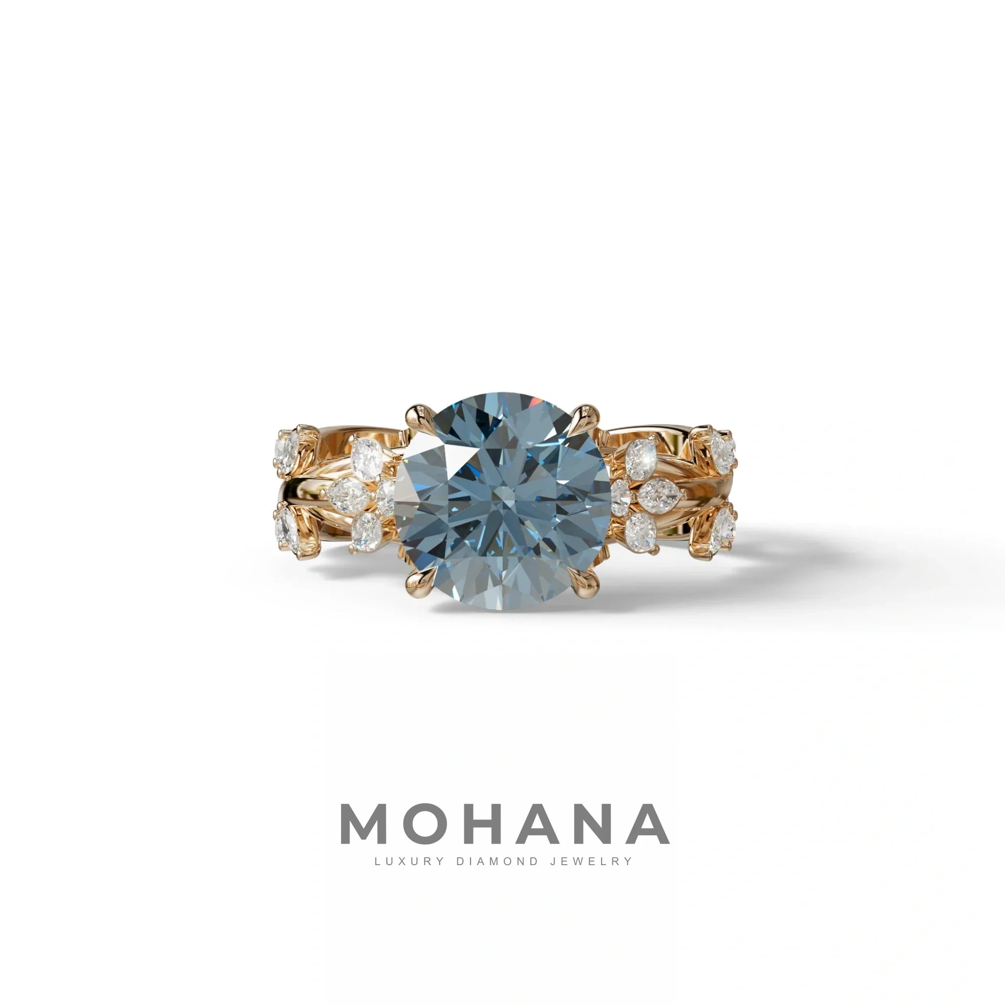 Natural Inspired 3 Carat Blue Round Cut Lab Diamond Engagement Ring - Catalina - 10K Solid Gold / Rose Gold