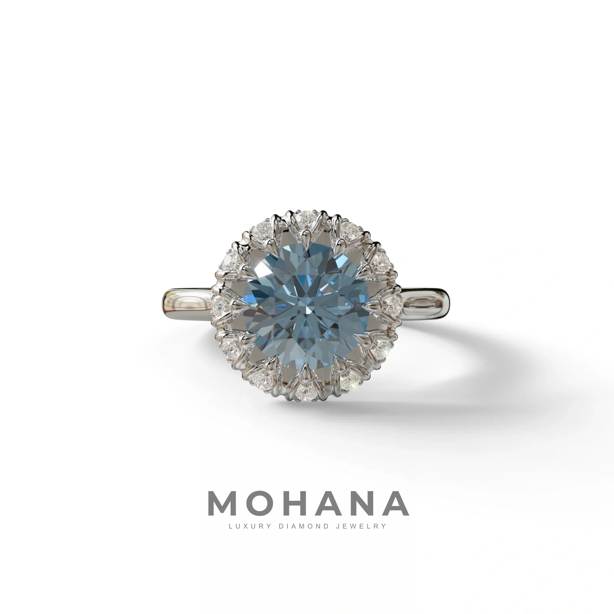 3 Carat Blue Round Shaped Halo Lab Diamond Ring - Sunflower - 10K Solid Gold / White Gold