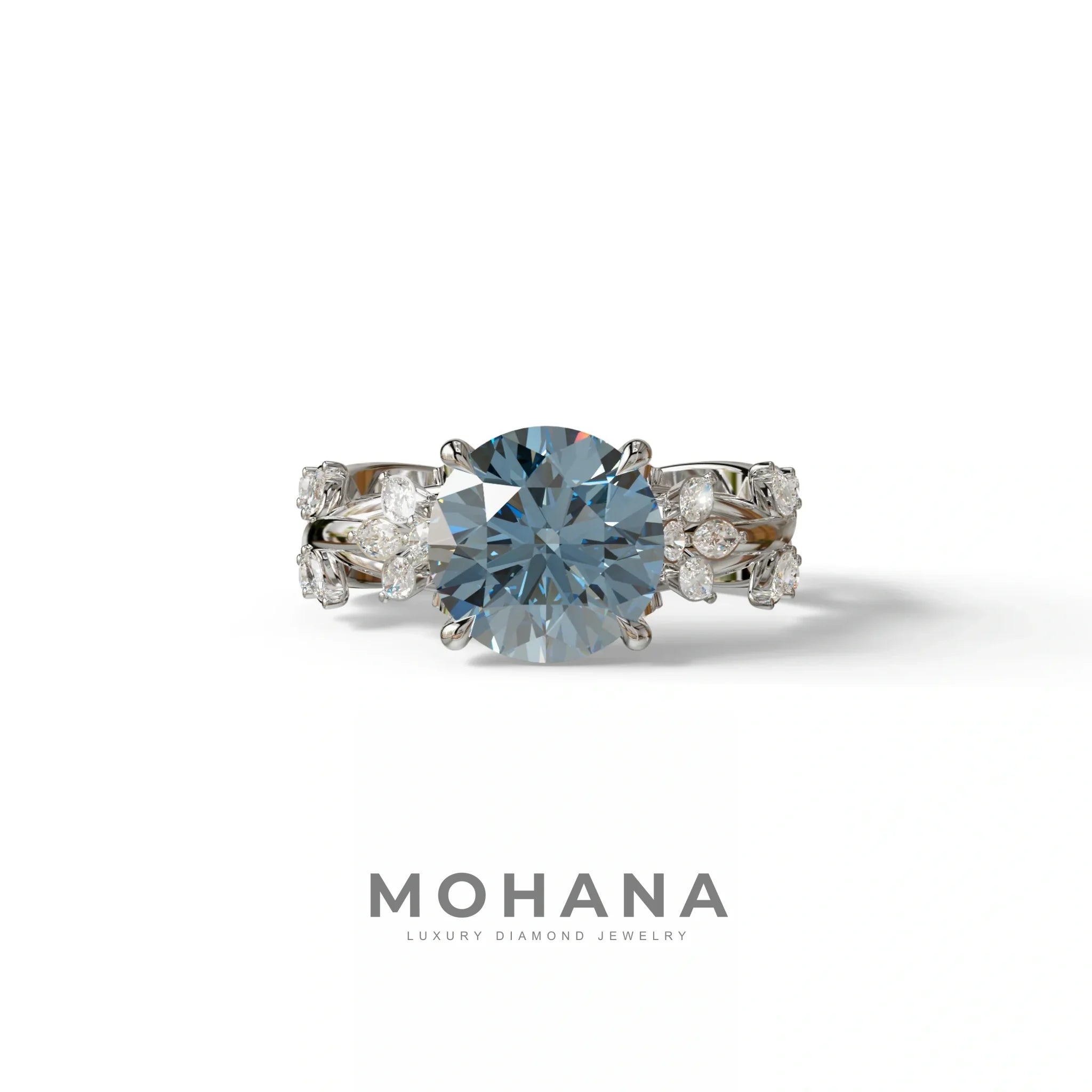 Natural Inspired 3 Carat Blue Round Cut Lab Diamond Engagement Ring - Catalina - 10K Solid Gold / White Gold