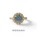 3 Carat Blue Round Shaped Halo Lab Diamond Ring - Sunflower - 10K Solid Gold / Yellow Gold