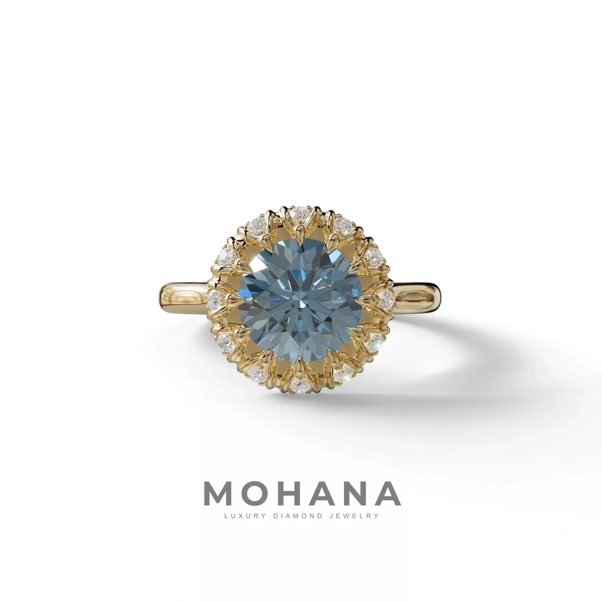3 Carat Blue Round Shaped Halo Lab Diamond Ring - Sunflower - 10K Solid Gold / Yellow Gold