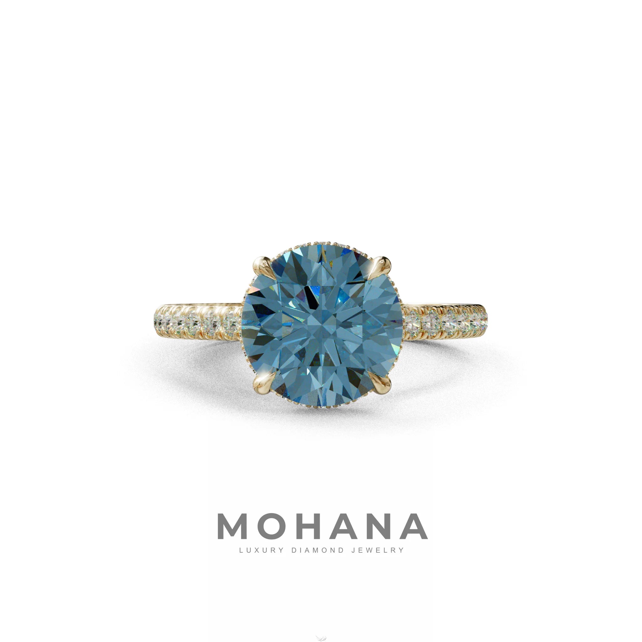 3 Carat Blue Round Cut Hidden Halo & Pave Setting Lab Diamond Ring _- Eblouissant - 10K Solid Gold / Yellow Gold