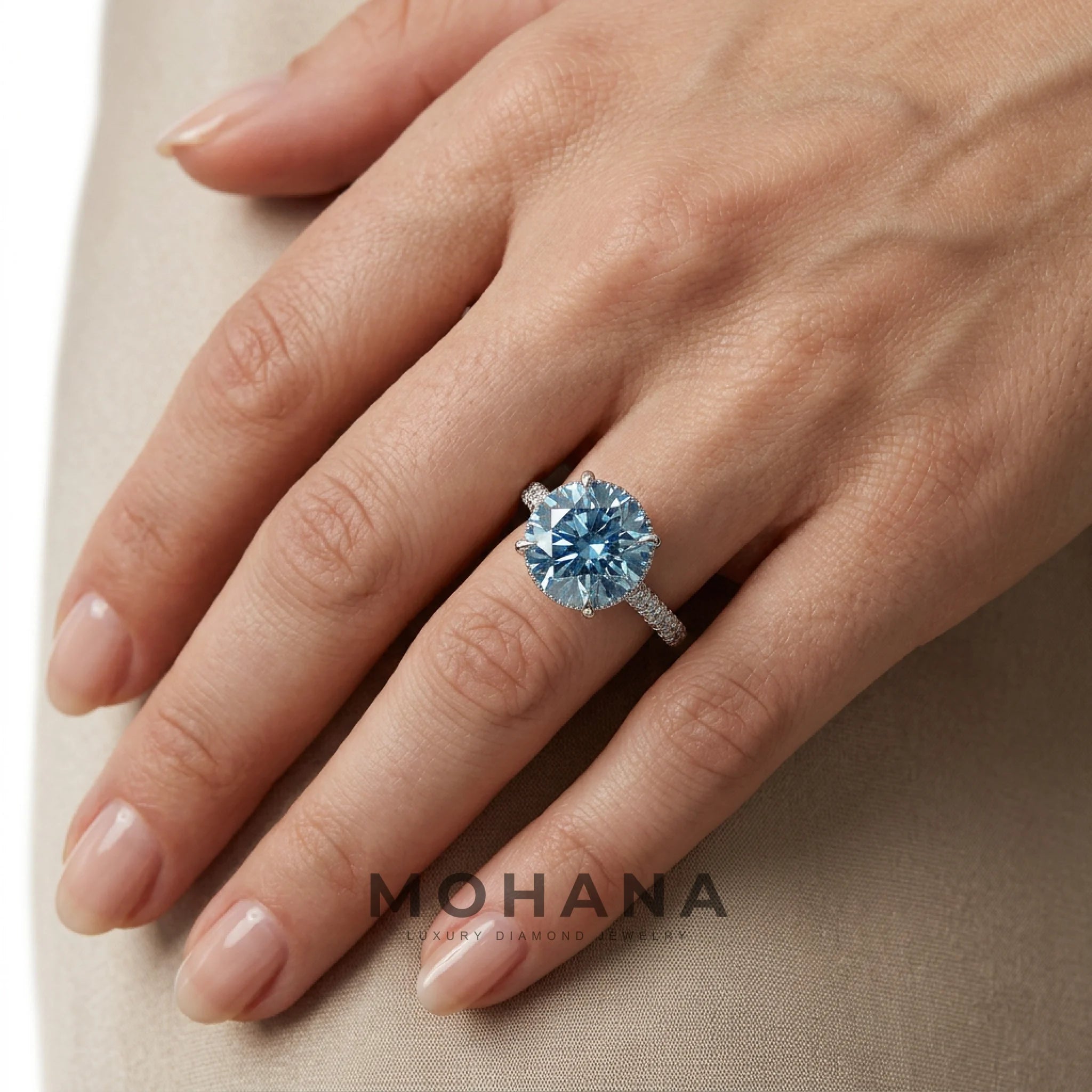 3 Carat Blue Round-Cut Lab Diamond Engagement Ring | Hidden Halo & Pavé