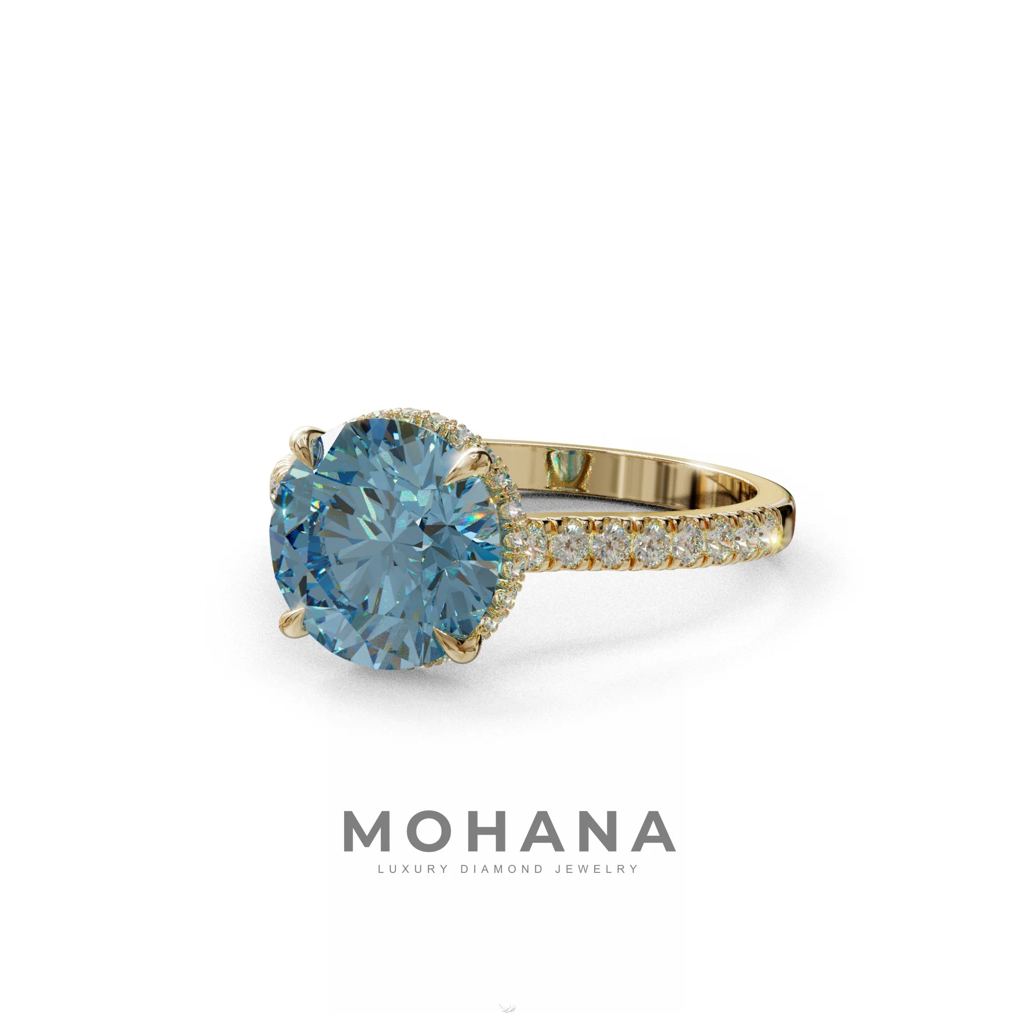 3 Carat Blue Round Cut Hidden Halo & Pave Setting Lab Diamond Ring _- Eblouissant