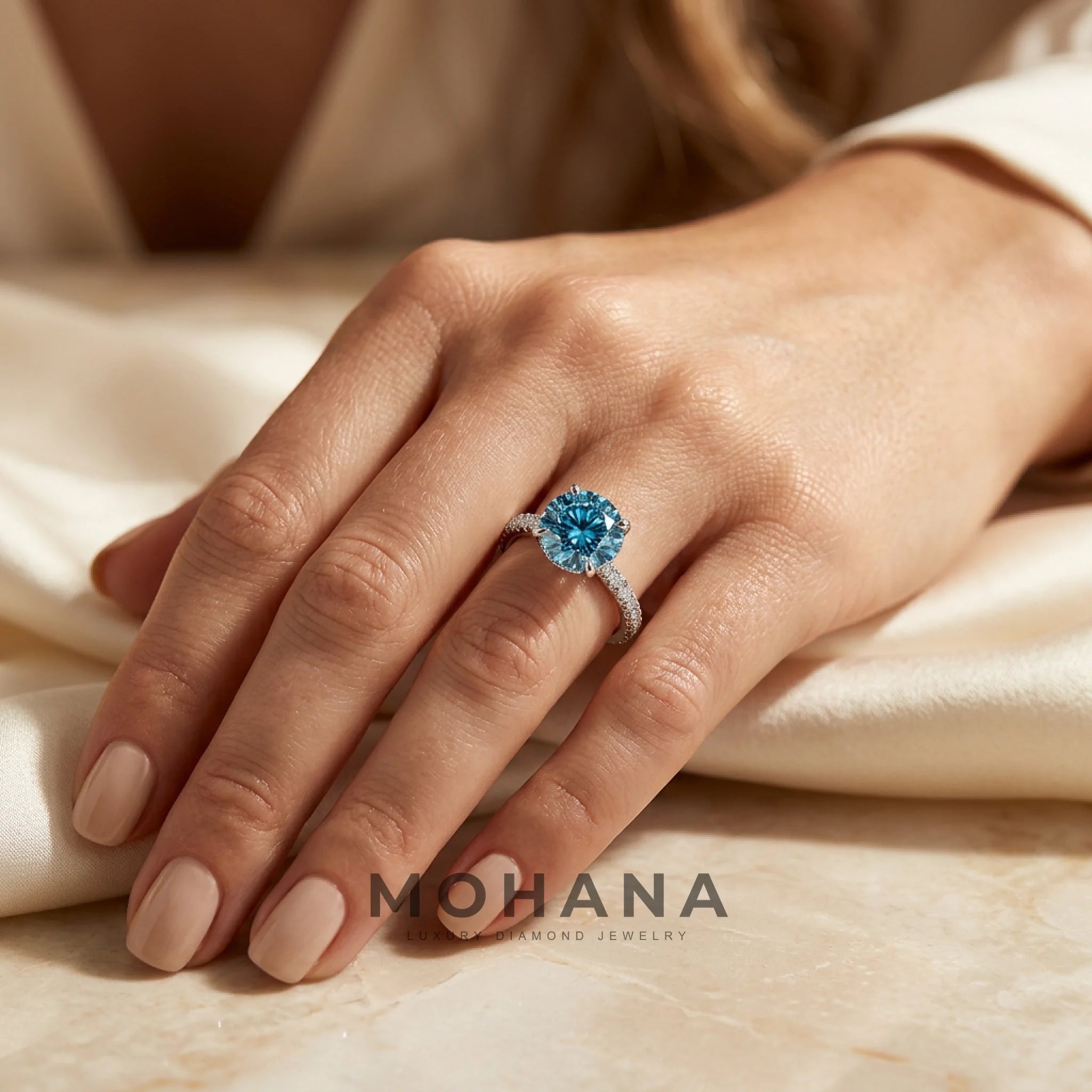 3 Carat Blue Round-Cut Lab Diamond Engagement Ring | Hidden Halo & Pavé