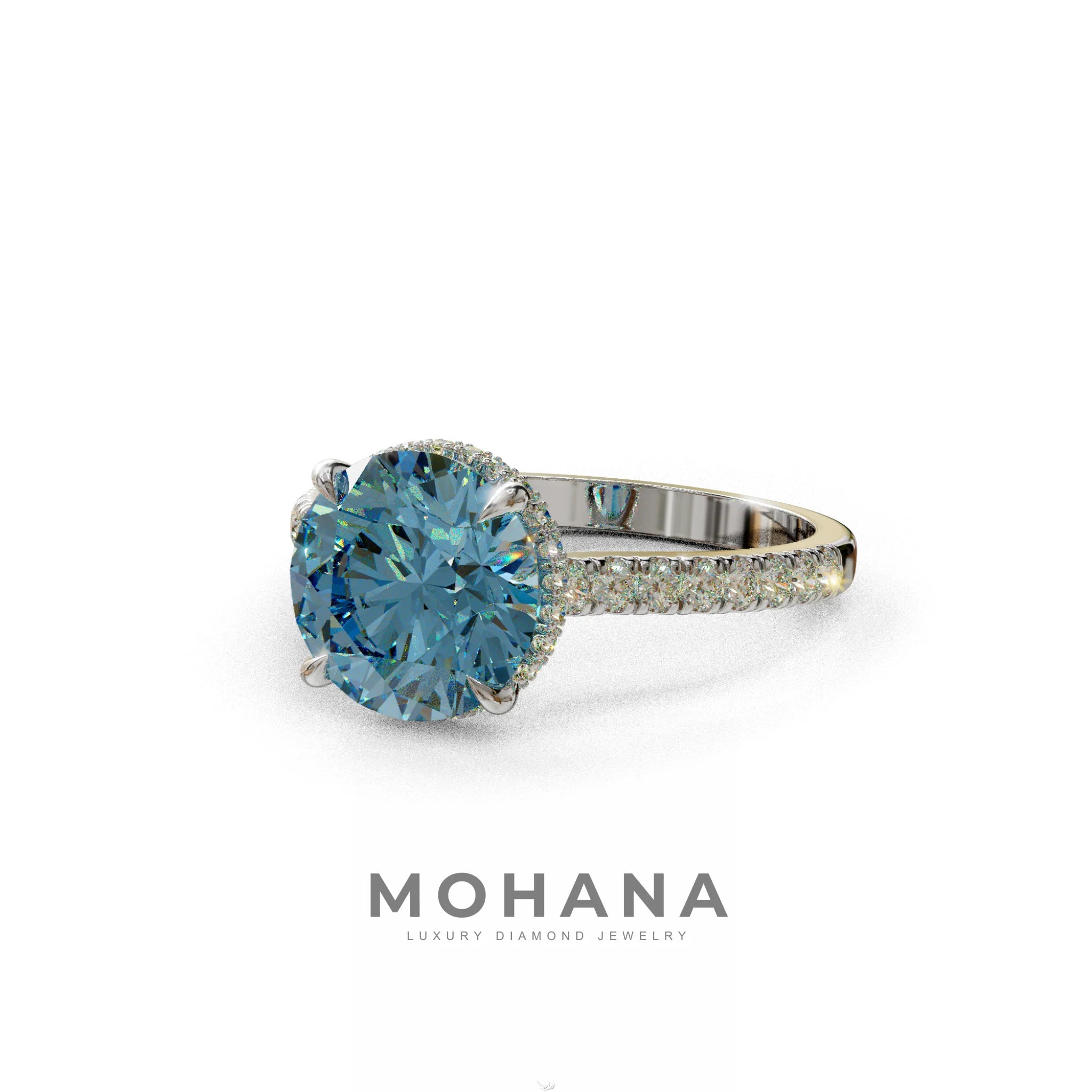 3 Carat Blue Round Cut Hidden Halo & Pave Setting Lab Diamond Ring _- Eblouissant