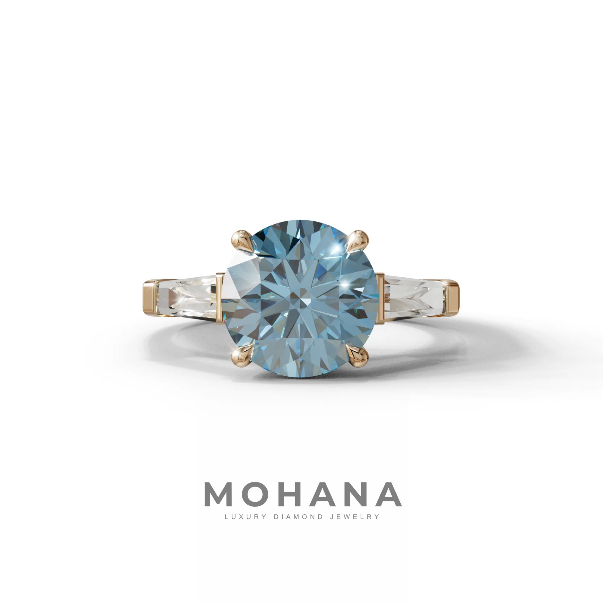 3 Carat Blue Round & Tapered Cut Multi Stone Lab Diamond Ring - Reflection - 10K Solid Gold / Rose Gold